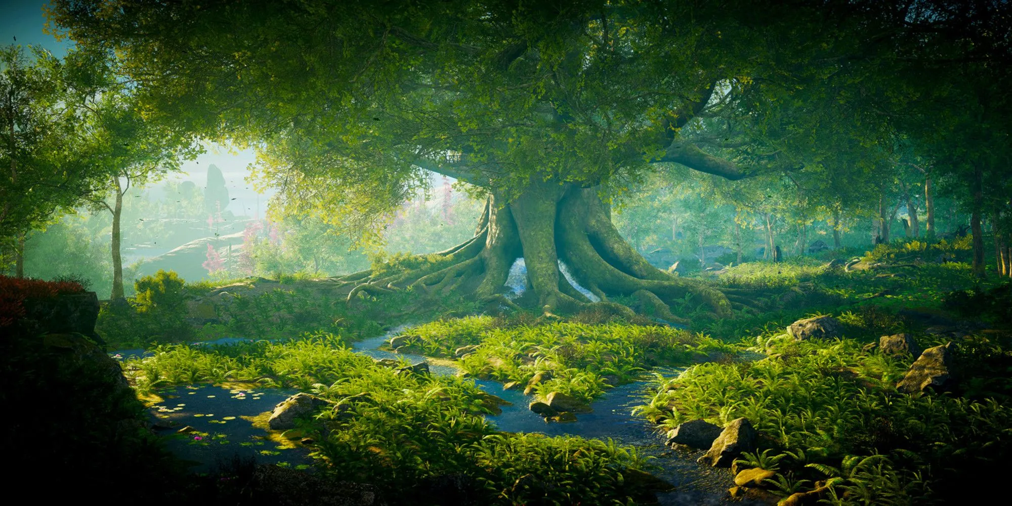 Cây cổ thụ khổng lồ giữa đồng cỏ và suối trong Eastshade