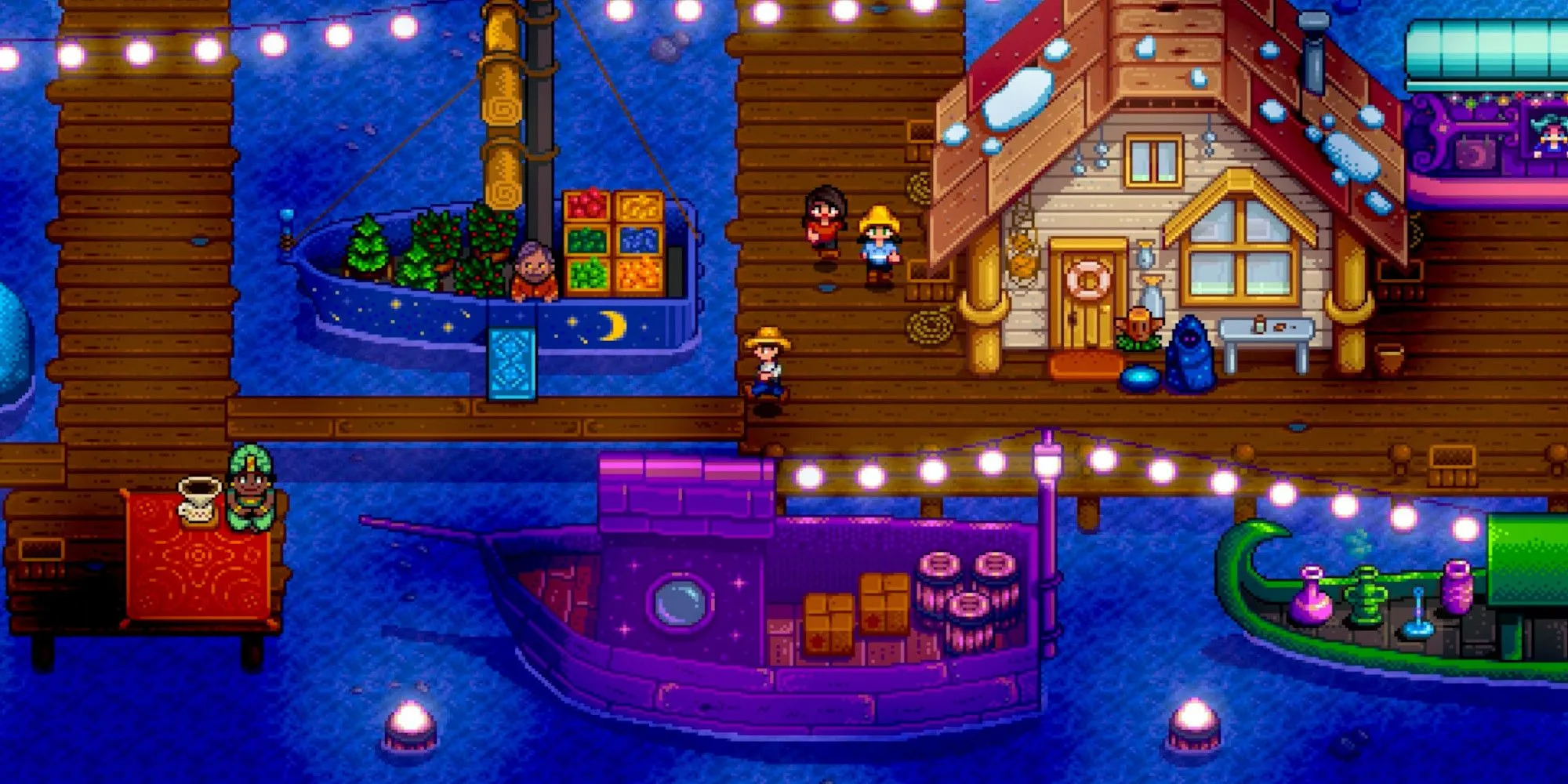 Chợ đêm Stardew Valley với thuyền trên mặt nước và quầy hàng