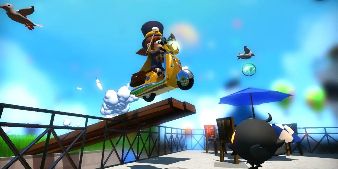 Hat Kid rides a scooter in A Hat in Time
