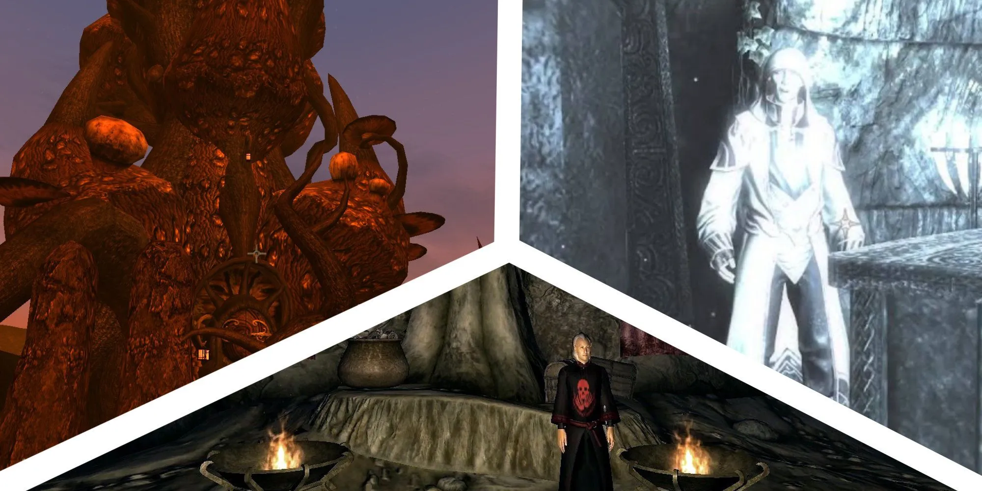 Hình ảnh so sánh nhiệm vụ Hội Pháp Sư trong ba phần game The Elder Scrolls: Morrowind, Oblivion và Skyrim
