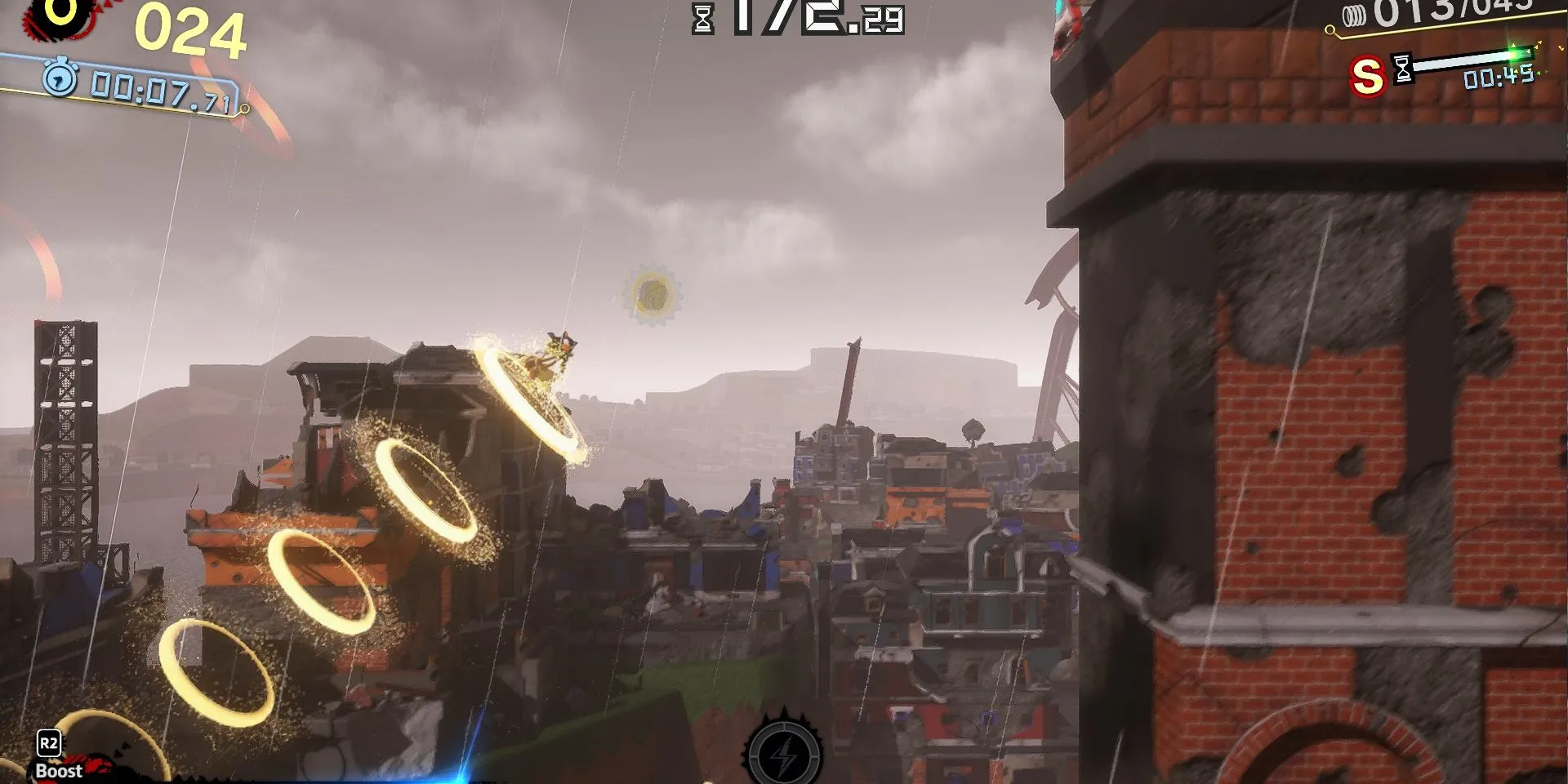 Image of Shadow Generations Sunset Heights Act 2 Challenge 2 Key 1, with Shadow flying through Dash Rings to grab a key.