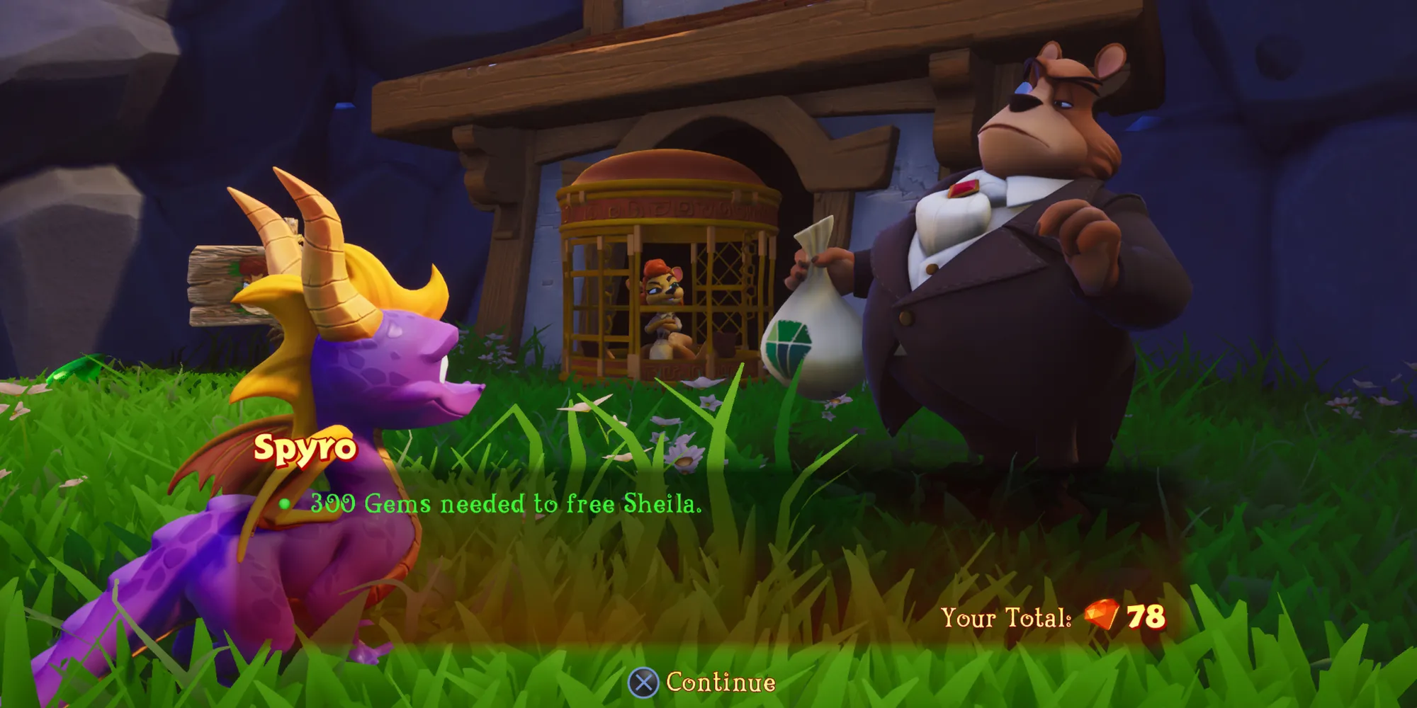 Moneybags, nhân vật NPC đòi tiền ngọc để mở đường trong game platformer Spyro Reignited Trilogy.