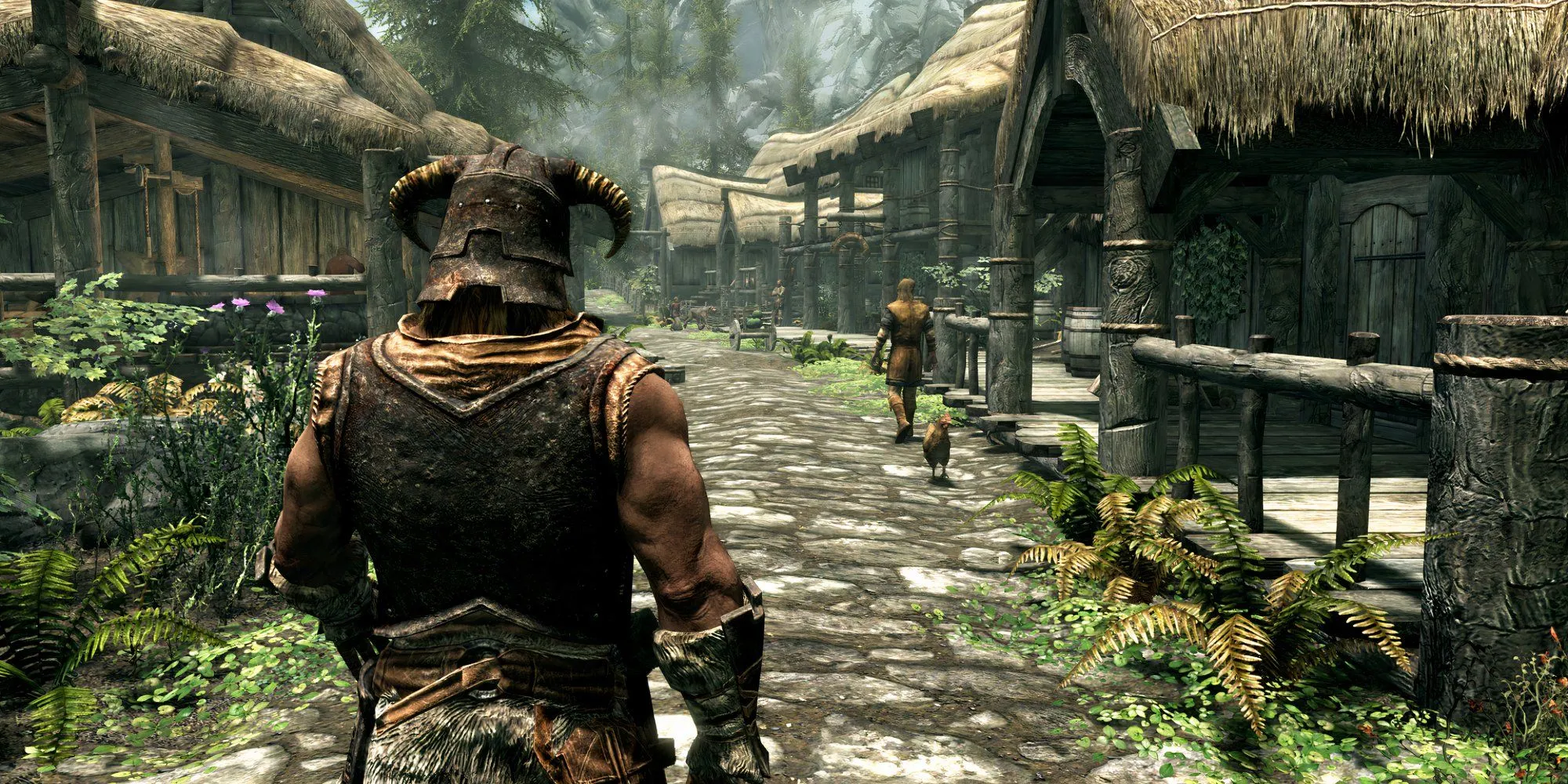 Nhân vật chính trong The Elder Scrolls V Skyrim nhìn ra ngoài trời tại khu dân cư