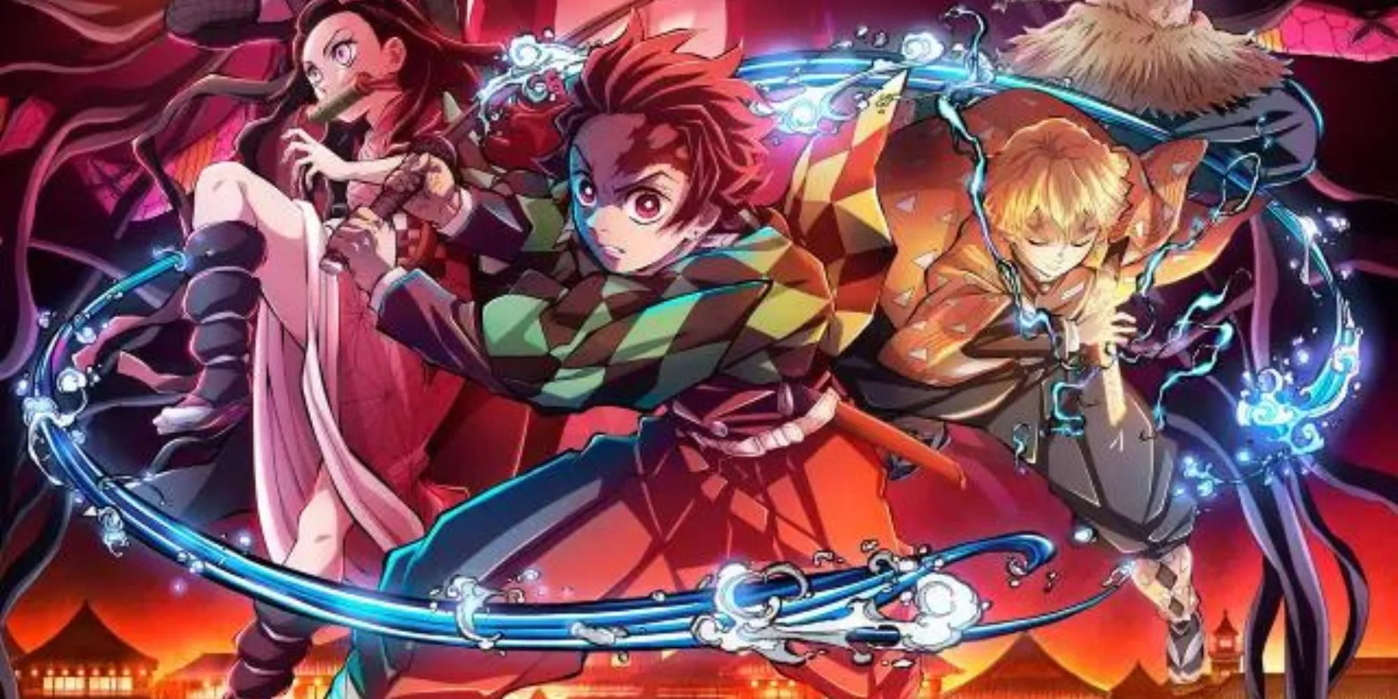 Nhóm bạn Tanjiro, Nezuko, Zenitsu và Inosuke trong Demon Slayer