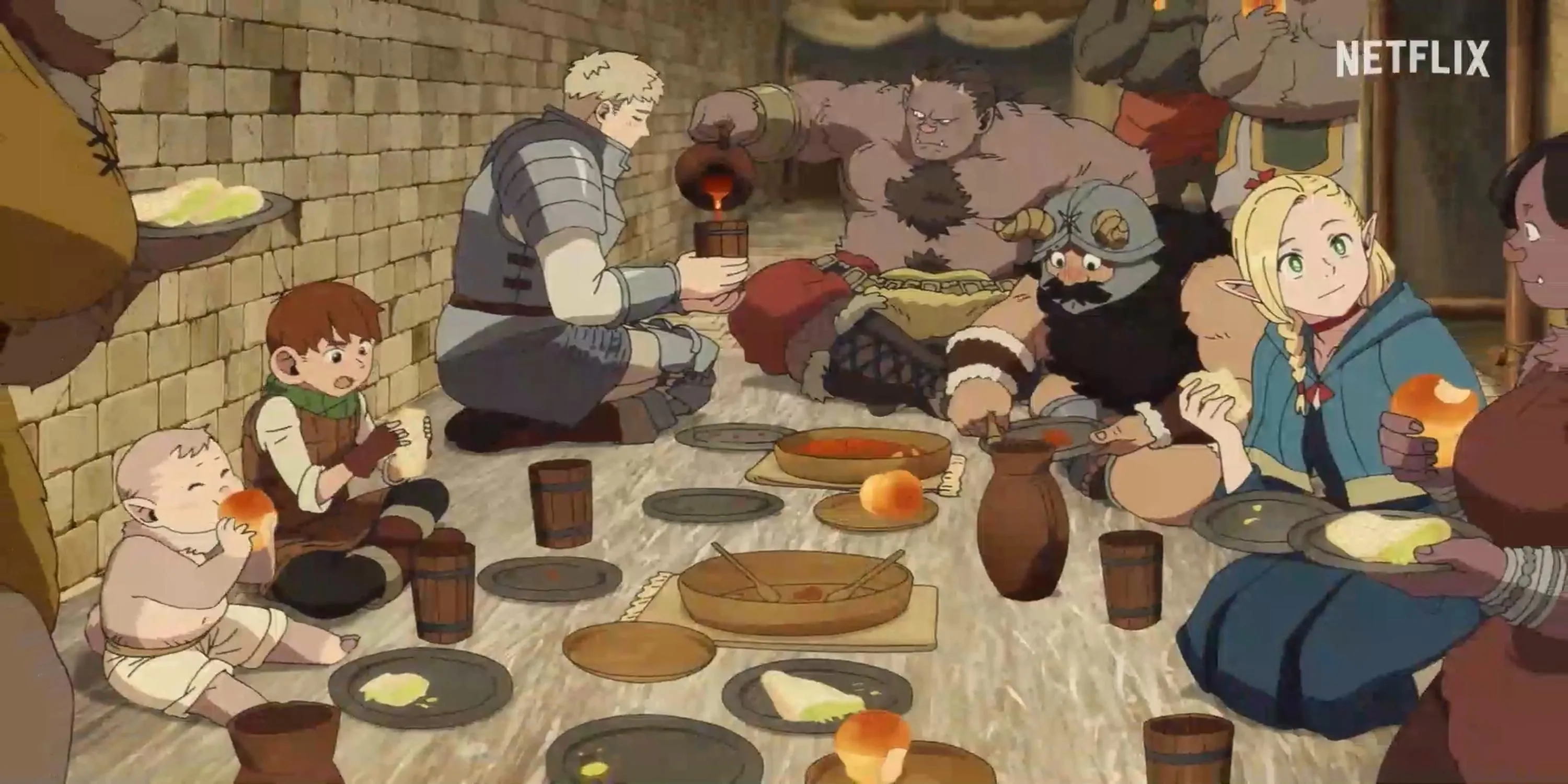 Nhóm thám hiểm của Laios chuẩn bị chế biến quái vật thành món ăn trong Delicious in Dungeon