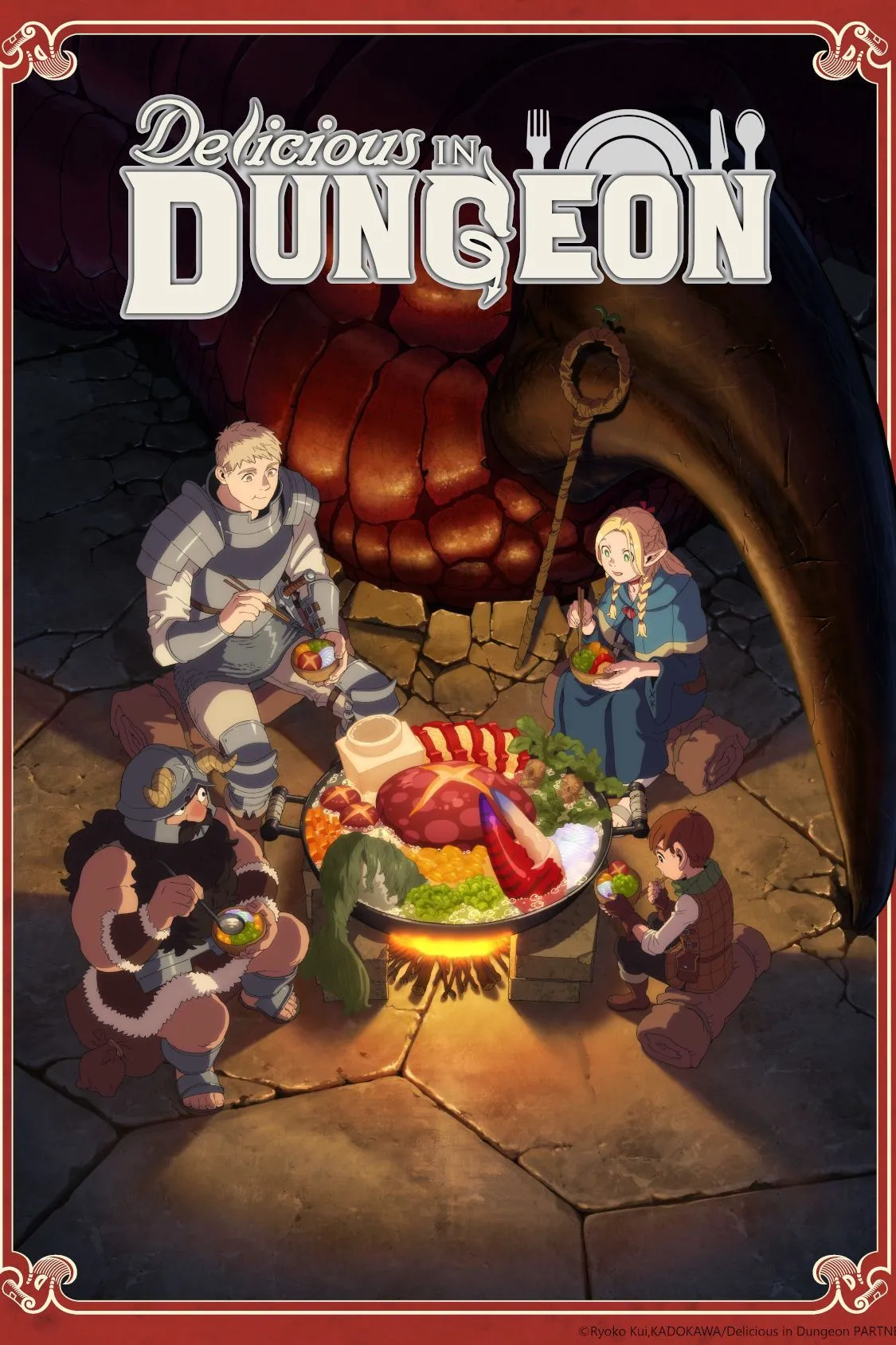 Poster anime Delicious in Dungeon, series fantasy kết hợp nấu ăn độc đáo từ Studio Trigger