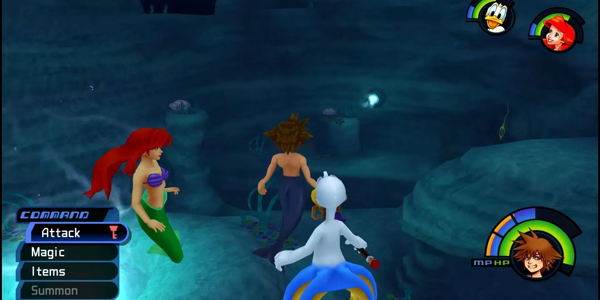 Sora, Donald và Ariel tại thế giới Atlantica trong Kingdom Hearts