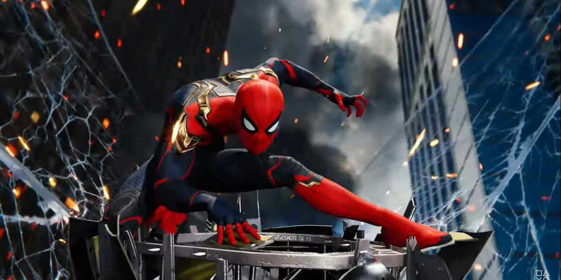 Spider-Man bám trên trực thăng trong game Marvel's Spider-Man