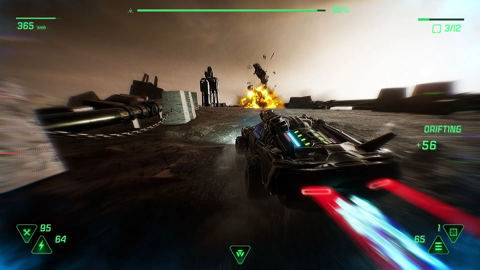 Ảnh chụp màn hình gameplay Fatal Run 2089: Xe chiến đấu trong môi trường hậu tận thế