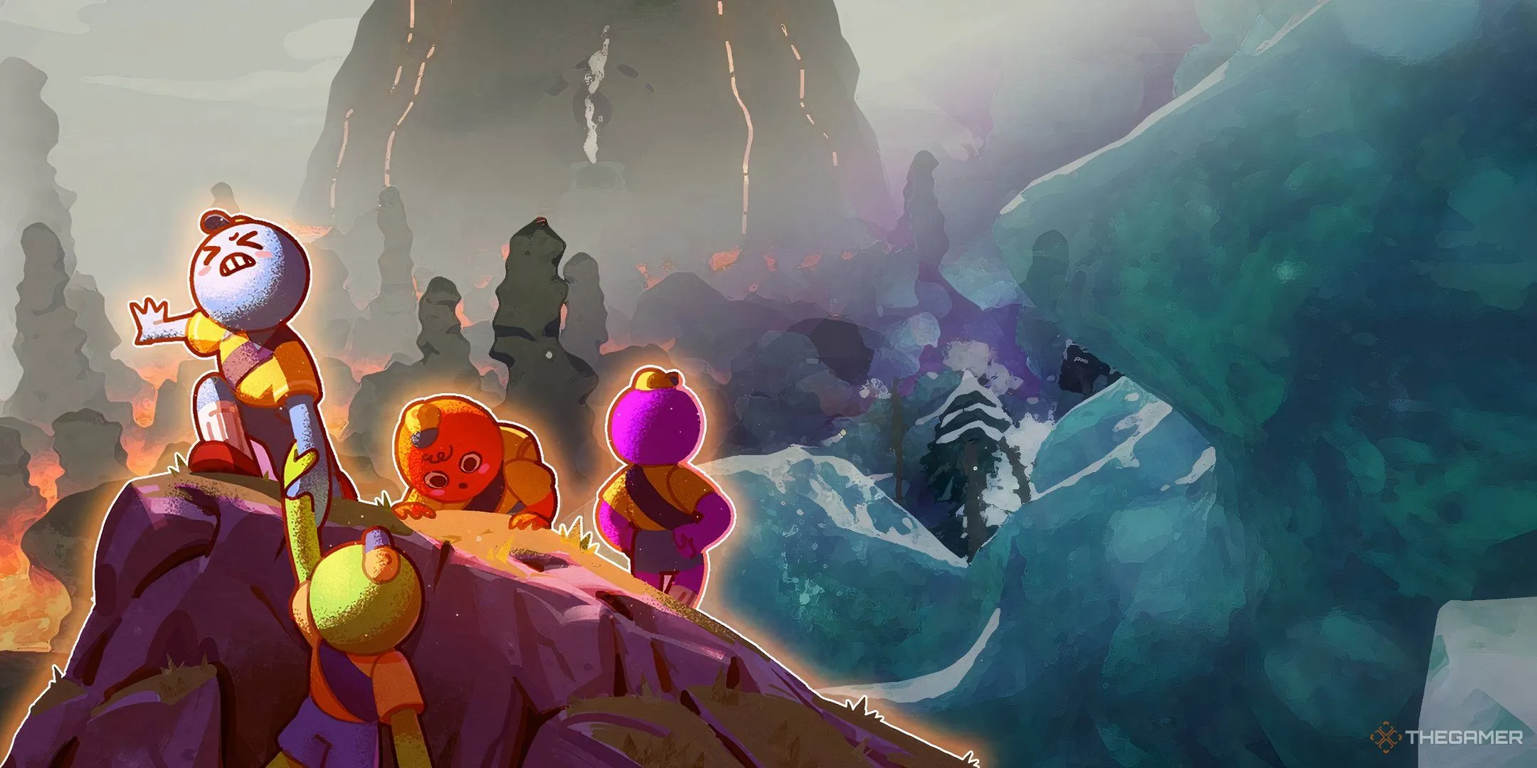Ảnh minh họa chính cảnh leo núi trong game Peak với các khu vực Alpine và Caldera