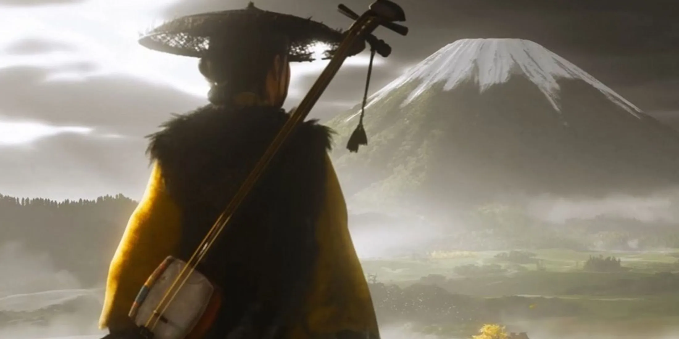 Atsu, nhân vật chính của Ghost of Yotei, đứng trên núi Yotei hùng vĩ