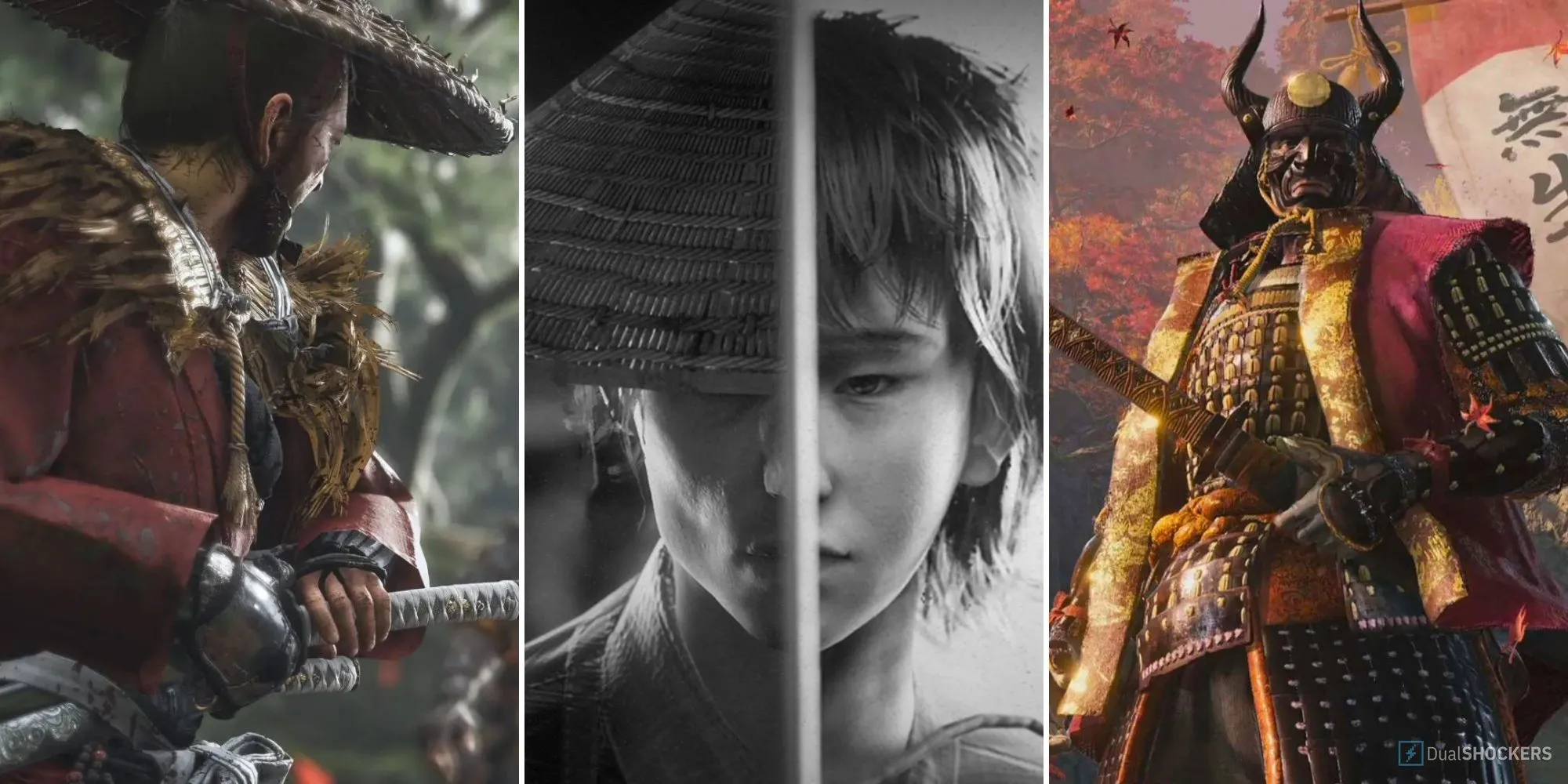 Ba nhân vật chính từ Ghost of Tsushima, Trek to Yomi, Sekiro Shadows Die Twice lấy bối cảnh Nhật Bản thời phong kiến