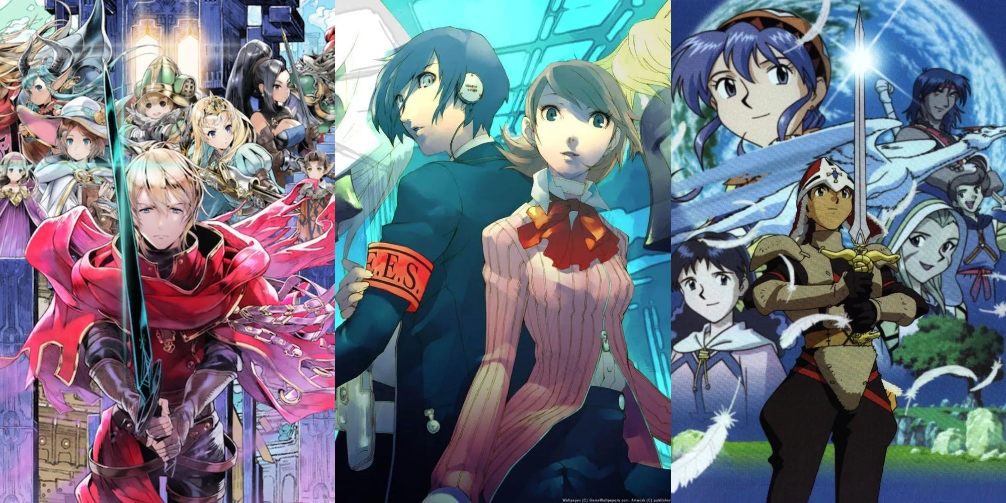 Các nhân vật điển hình trong game JRPG cổ điển: Radiant Historia, Persona 3 Reload và Lunar Silver Star Story.