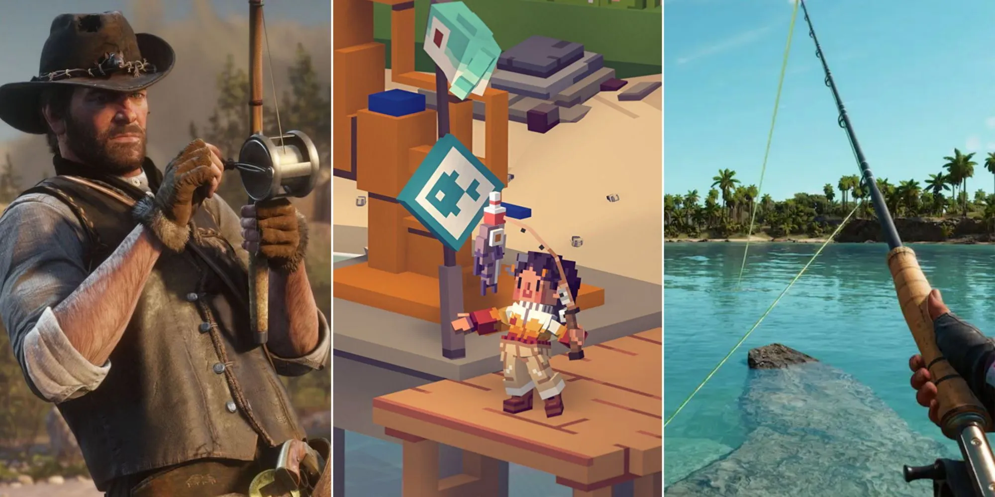 Cảnh câu cá thư giãn trong các tựa game nổi tiếng như Red Dead Redemption 2, Moonglow Bay và Far Cry 6, thể hiện sự đa dạng của các hoạt động giải trí trong thế giới game.