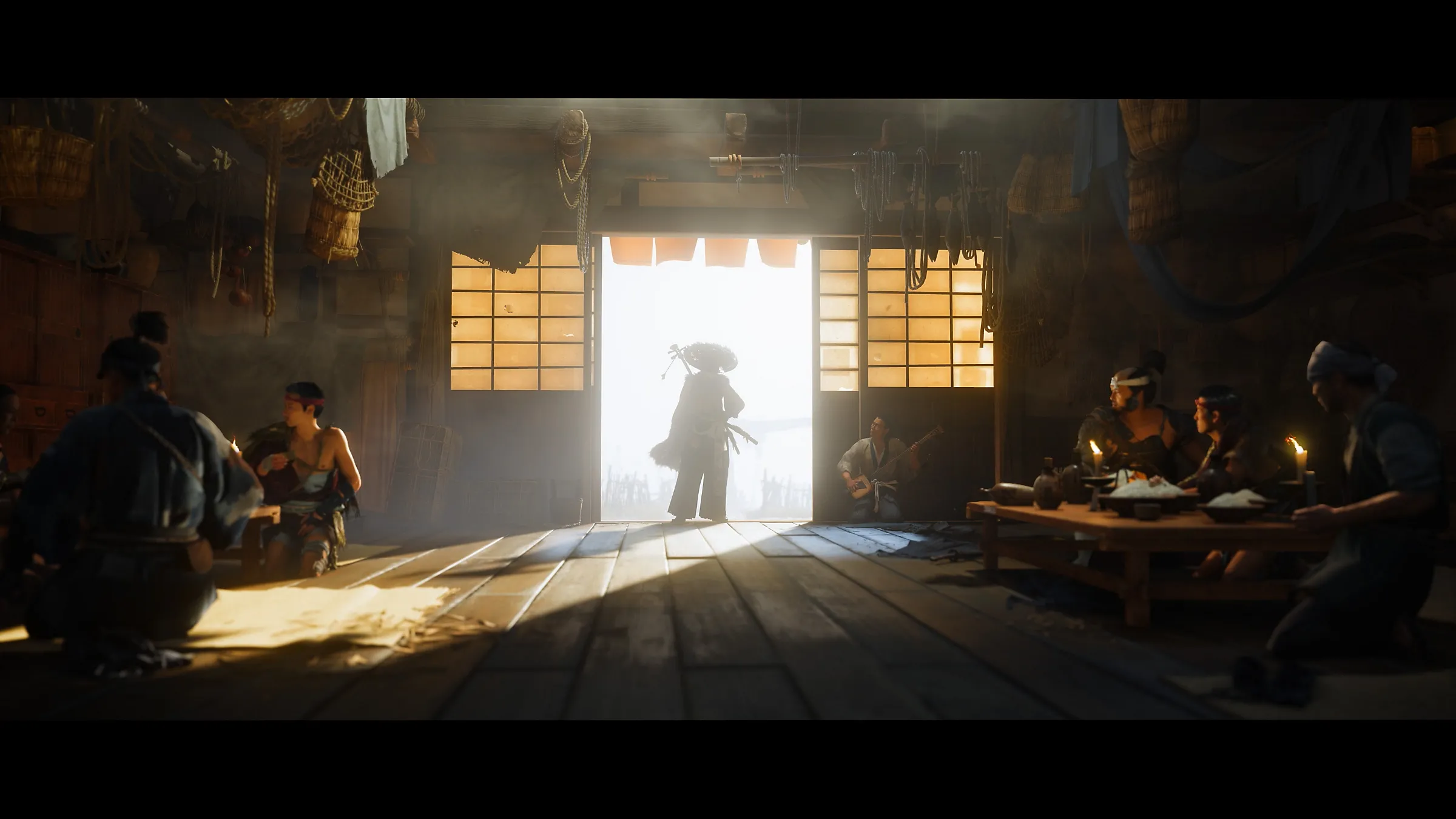 Cảnh chiến đấu trong game Ghost of Yotei với hiệu ứng điện ảnh