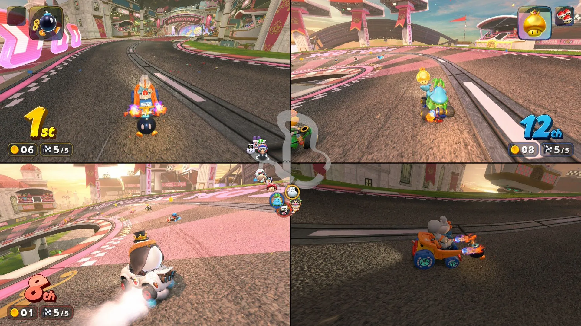 Cảnh đua hỗn loạn với nhiều người chơi trong chế độ 24 người của Mario Kart World