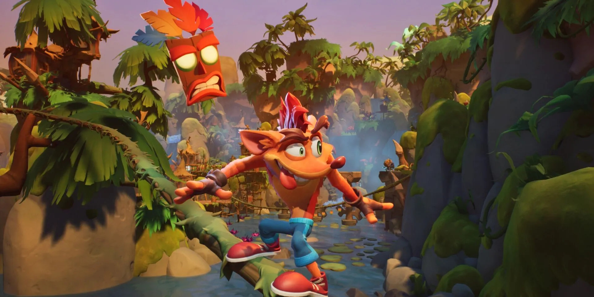 Crash Bandicoot trượt trên dây leo trong Crash Bandicoot 4: It’s About Time