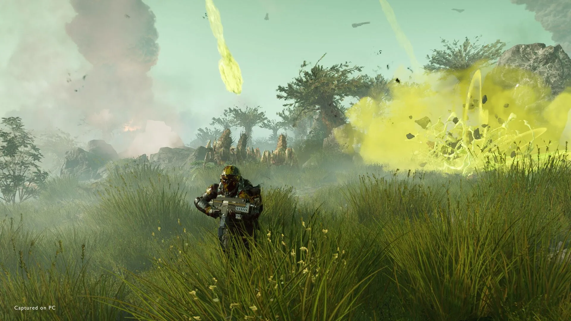 Đội hình Helldivers 2 di chuyển chiến thuật trong môi trường nguy hiểm