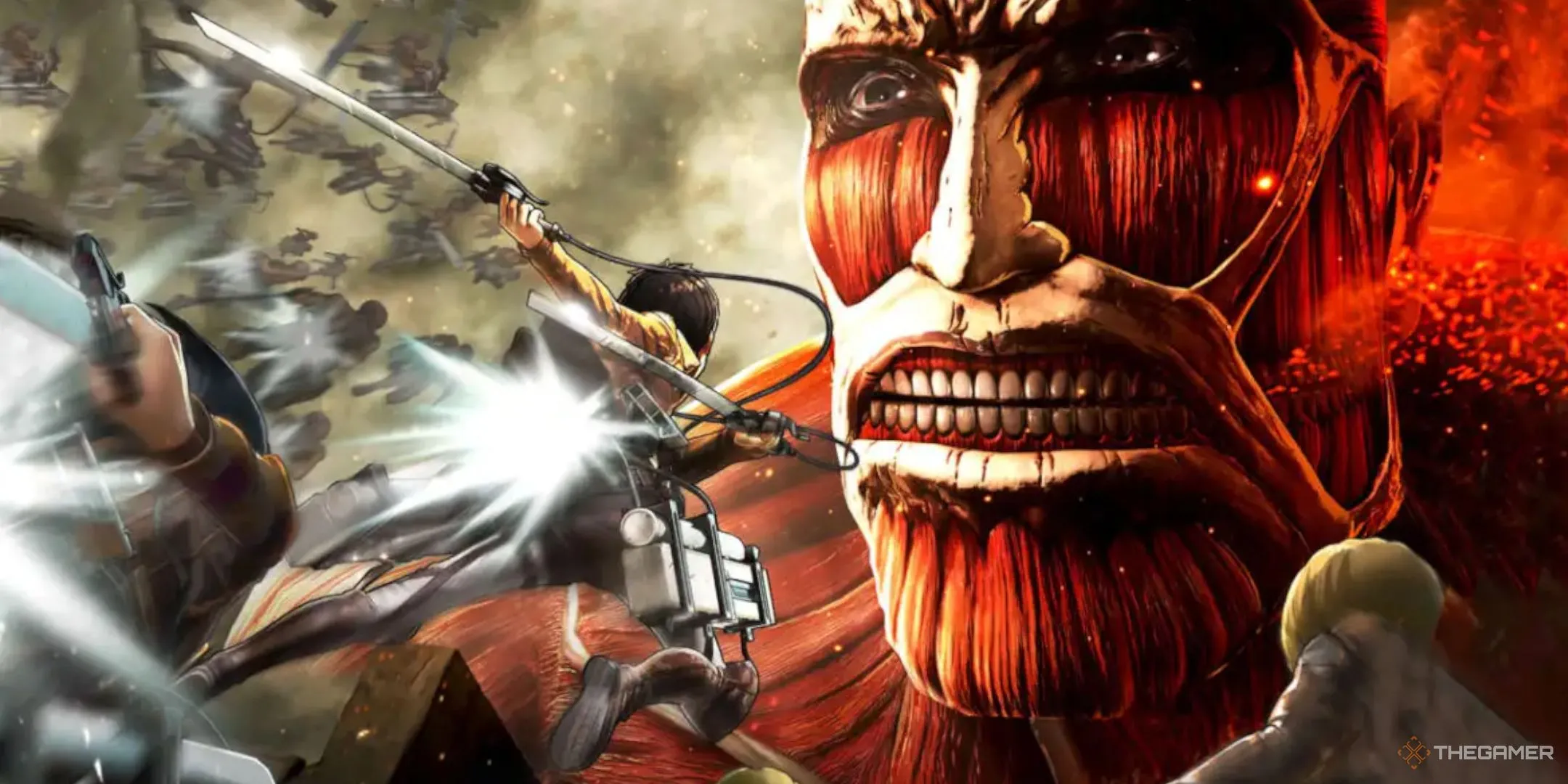 Eren Jaeger sử dụng Bộ Cơ Động Omni-Directional (ODM Gear) để tiếp cận Titan Khổng Lồ trong Attack On Titan: Wings Of Freedom, minh họa cơ chế di chuyển đặc trưng và linh hoạt của game.