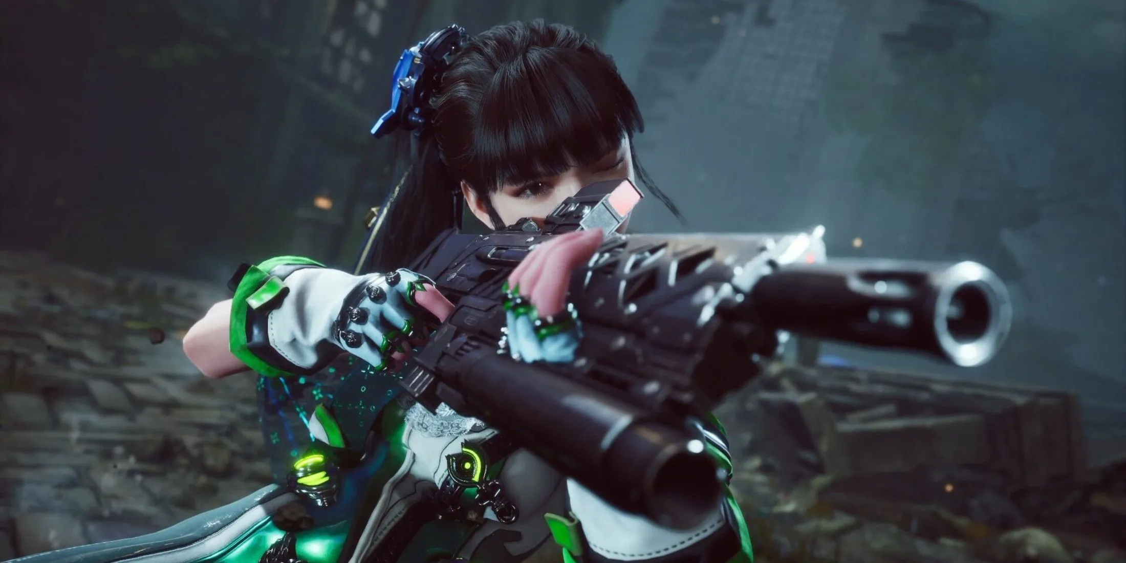 Eve cầm súng trong một phân cảnh hành động của game Stellar Blade.