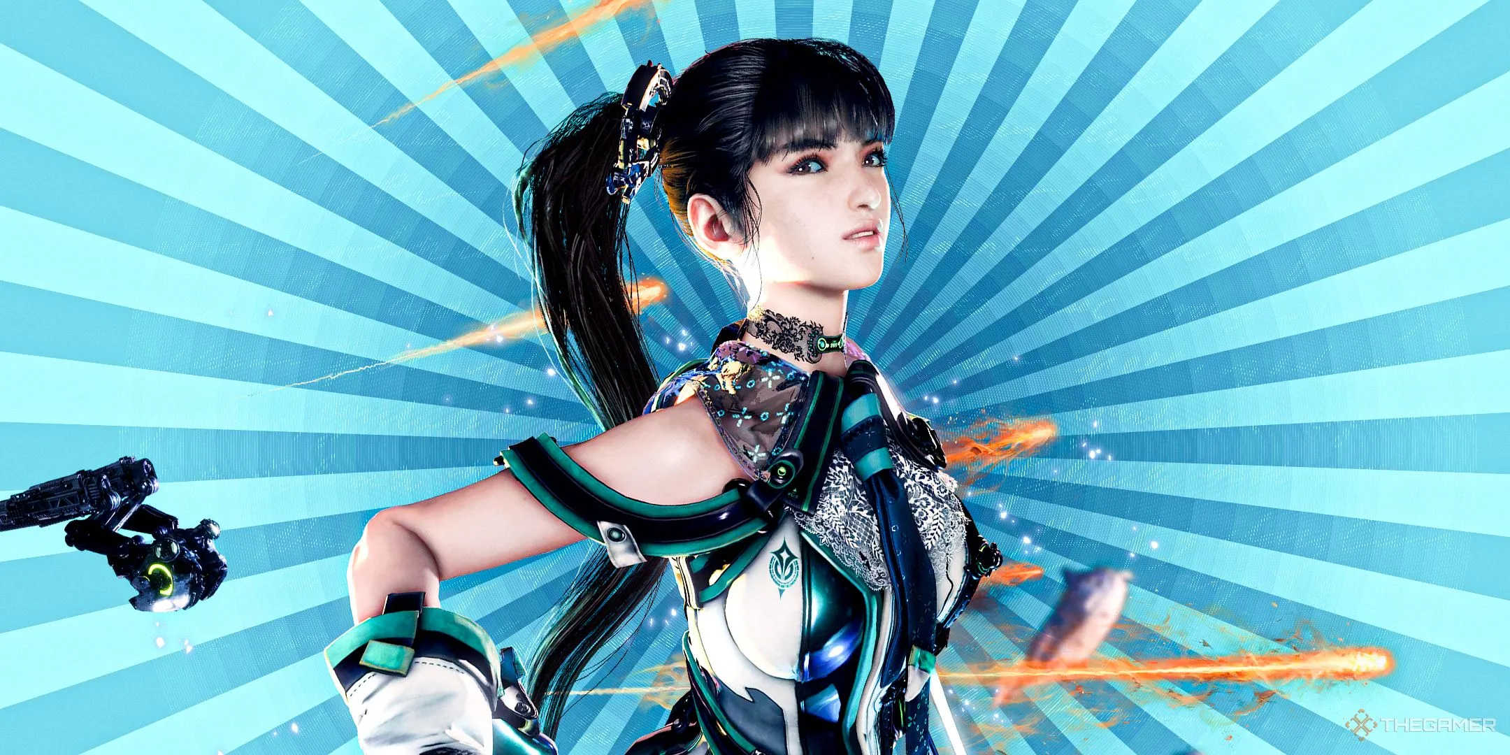Eve từ Stellar Blade trong trang phục chiến đấu trên nền xanh.