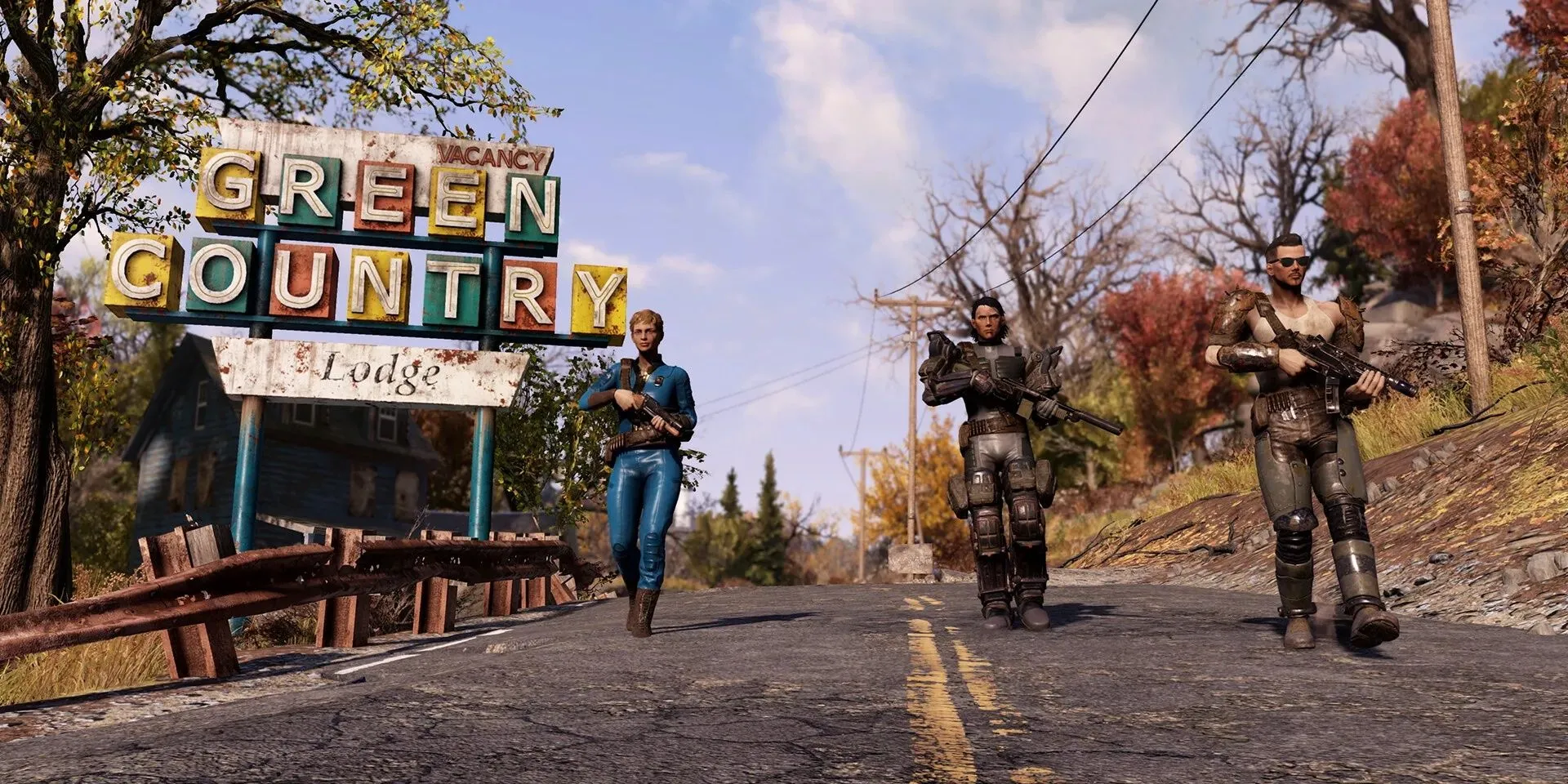 Fallout 76: Nhiều Vault Dweller trong những trang phục khác nhau đang khám phá vùng đất hoang.