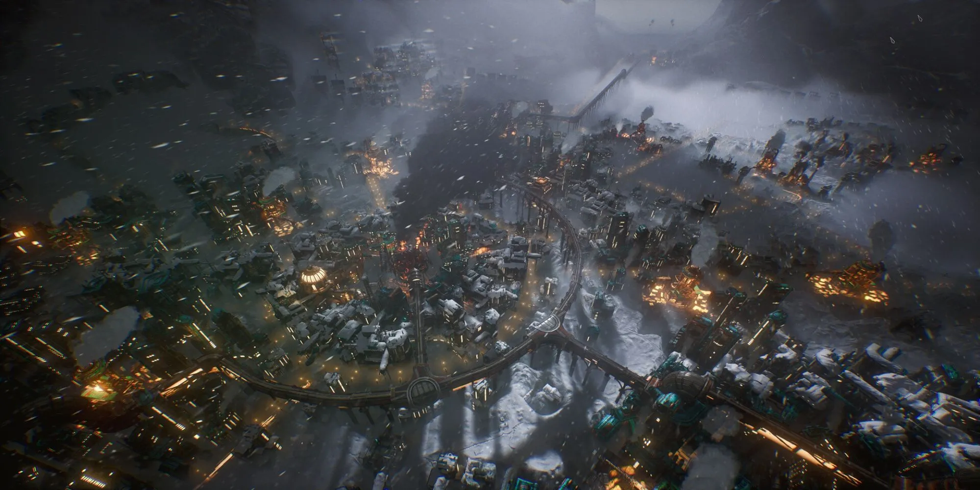 Gameplay Frostpunk 2 với cảnh quản lý thành phố băng giá và các quyết định sinh tồn