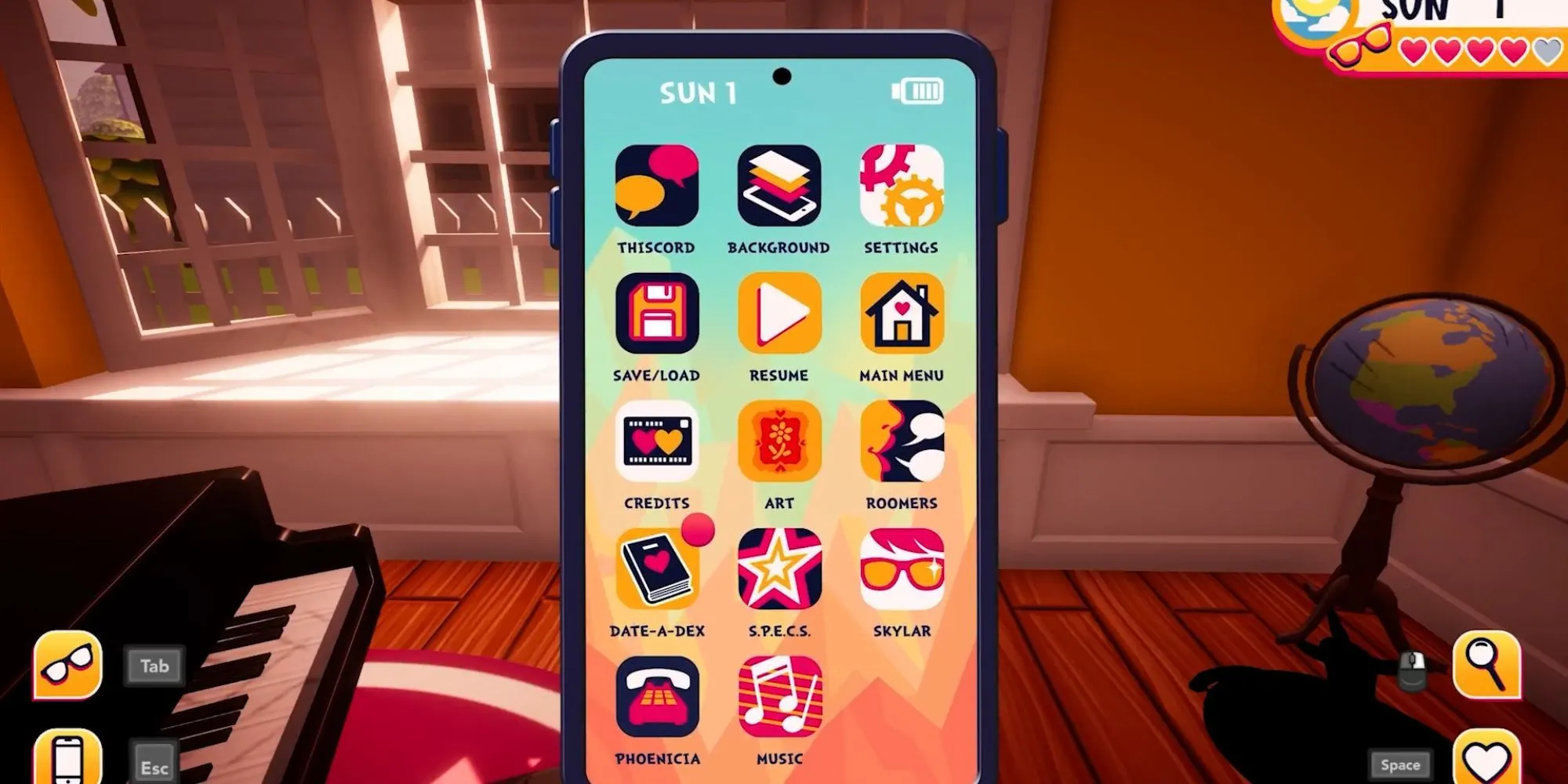 Giao diện menu dạng điện thoại trong game Date Everything