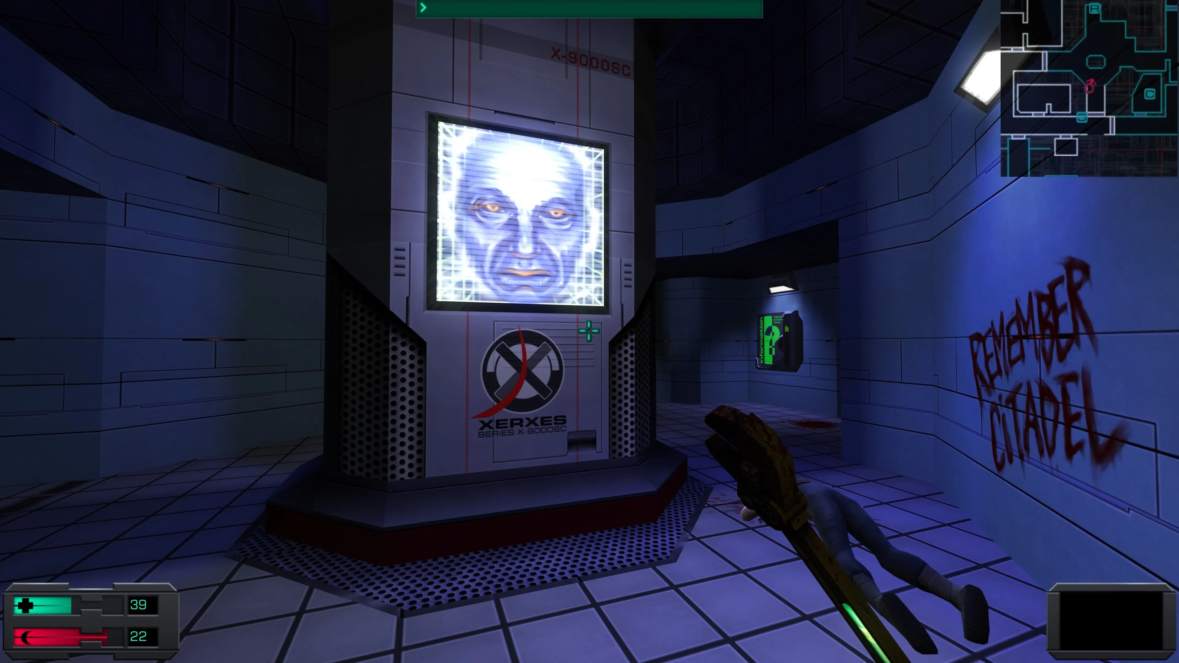 Giao diện nhân vật XERXES, một AI trong System Shock 2 Remaster