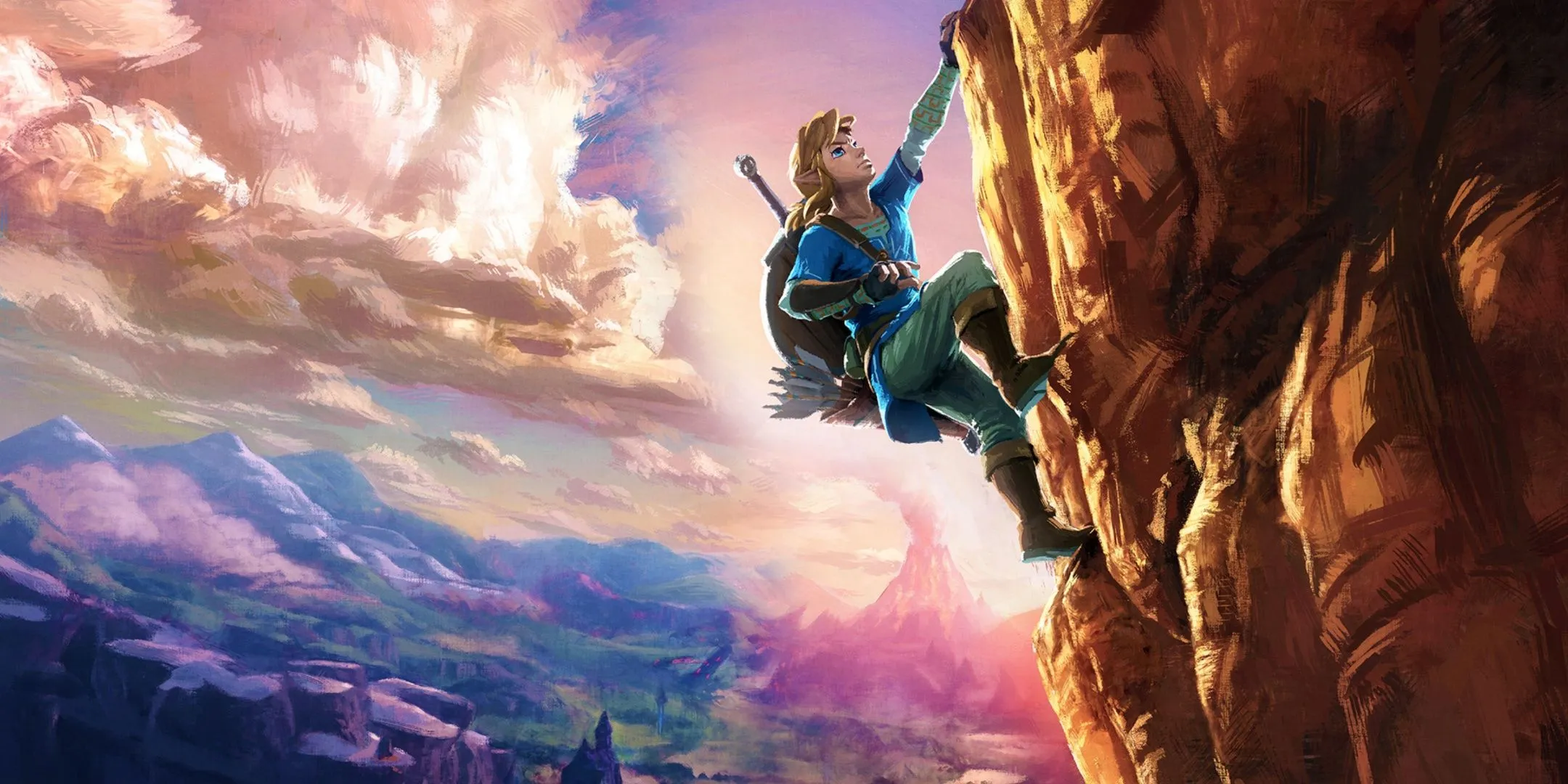 Hình ảnh chính của The Legend of Zelda: Breath of the Wild với Link trên đỉnh núi, thể hiện sự bao la và khả năng khám phá thế giới mở đầy tương tác của game.