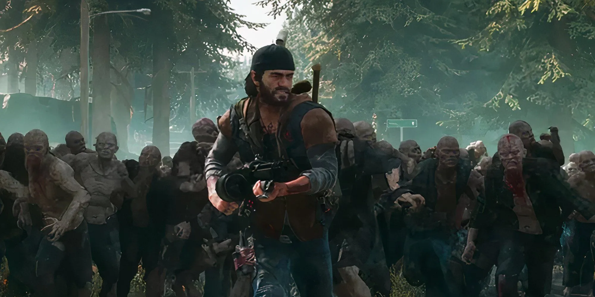 Hình ảnh một đàn Freaker (zombie) khổng lồ tràn xuống Deacon St. John trong Days Gone, thể hiện quy mô và sự hỗn loạn của những cuộc chạm trán với Horde.