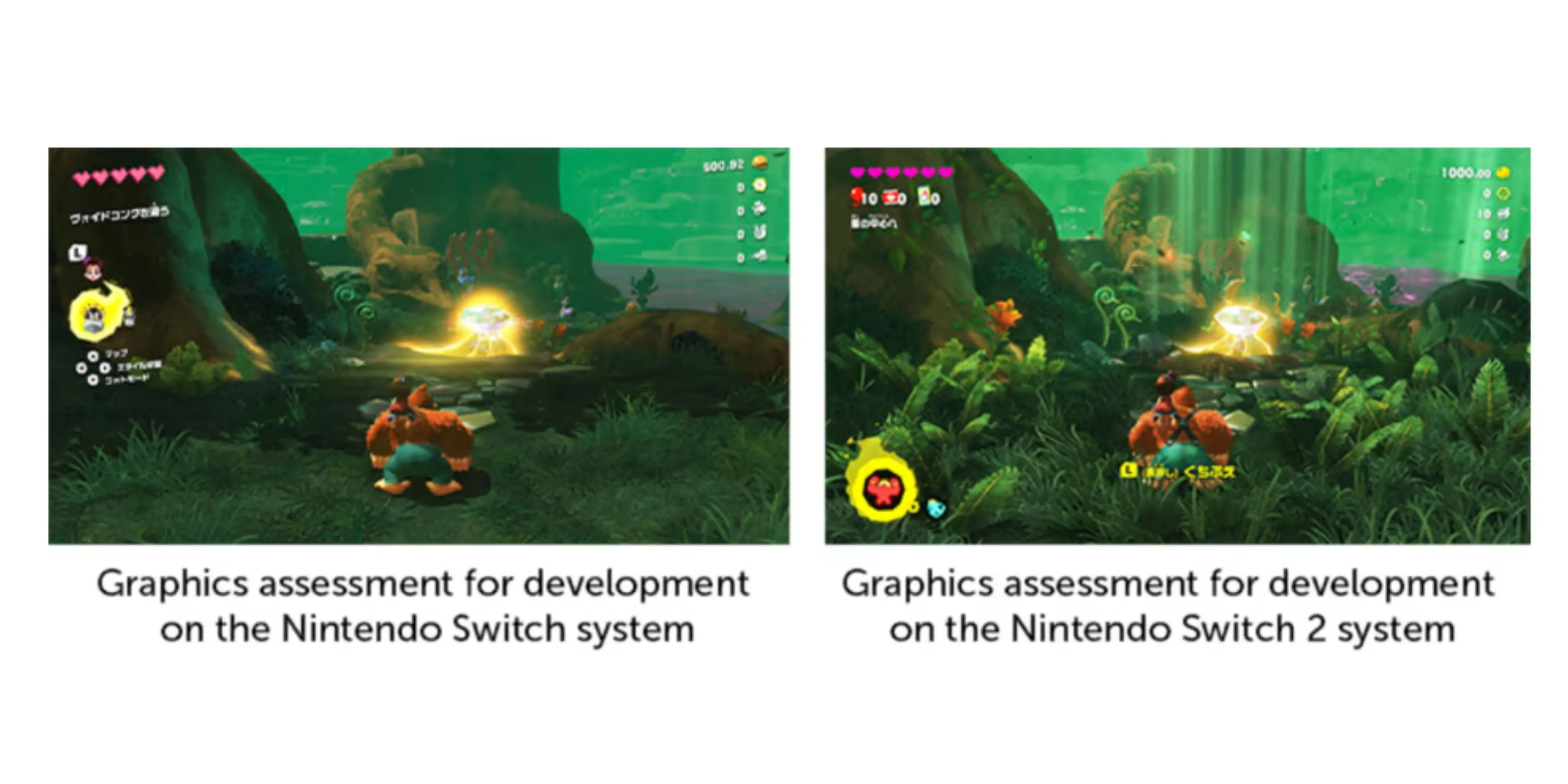 Hình ảnh so sánh đồ họa của game Donkey Kong Bananza trên Nintendo Switch và Nintendo Switch 2
