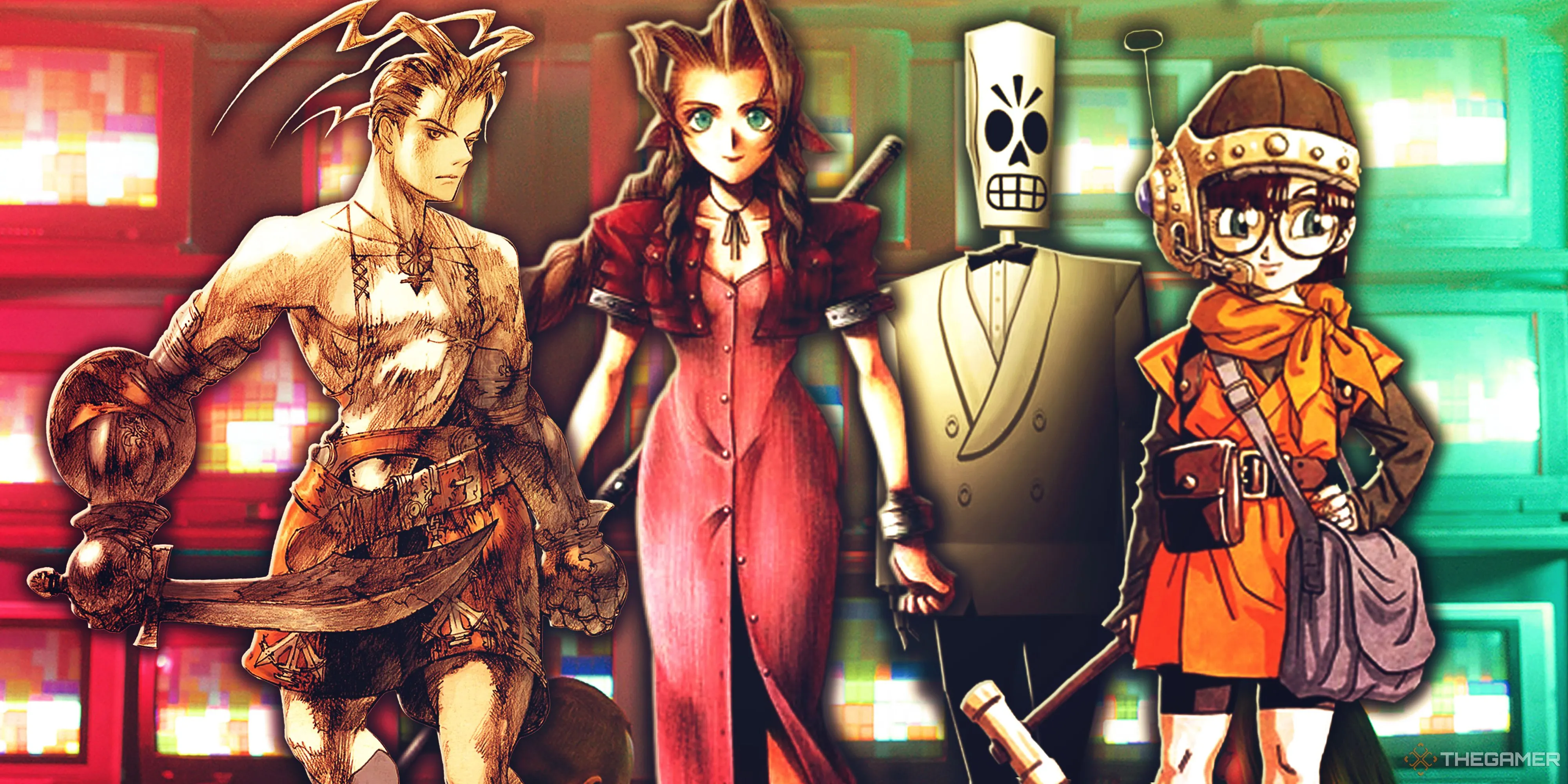 Hình ảnh tổng hợp các tựa game retro có cốt truyện xuất sắc như Vagrant Story, Final Fantasy 7, Grim Fandango và Chrono Trigger, minh họa cho việc nội dung sâu sắc không cần đồ họa hiện đại.