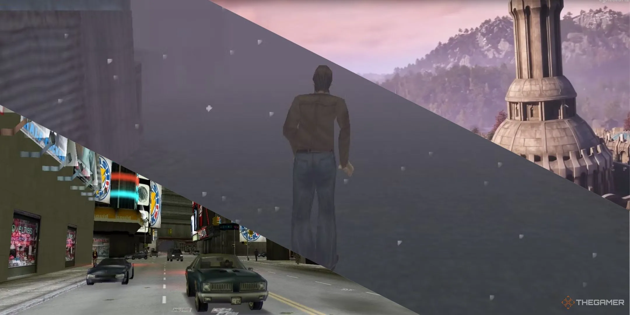 Hình ảnh tổng hợp từ các tựa game nổi tiếng Grand Theft Auto 3, Silent Hill và The Elder Scrolls 4: Oblivion, thể hiện các thế giới game rộng lớn và đa dạng.