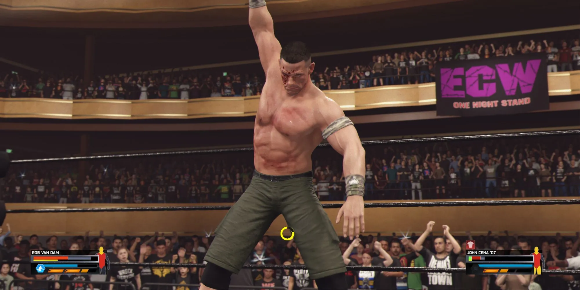 John Cena trên sàn đấu WWE 2K25, minh họa đồ họa ấn tượng của game.