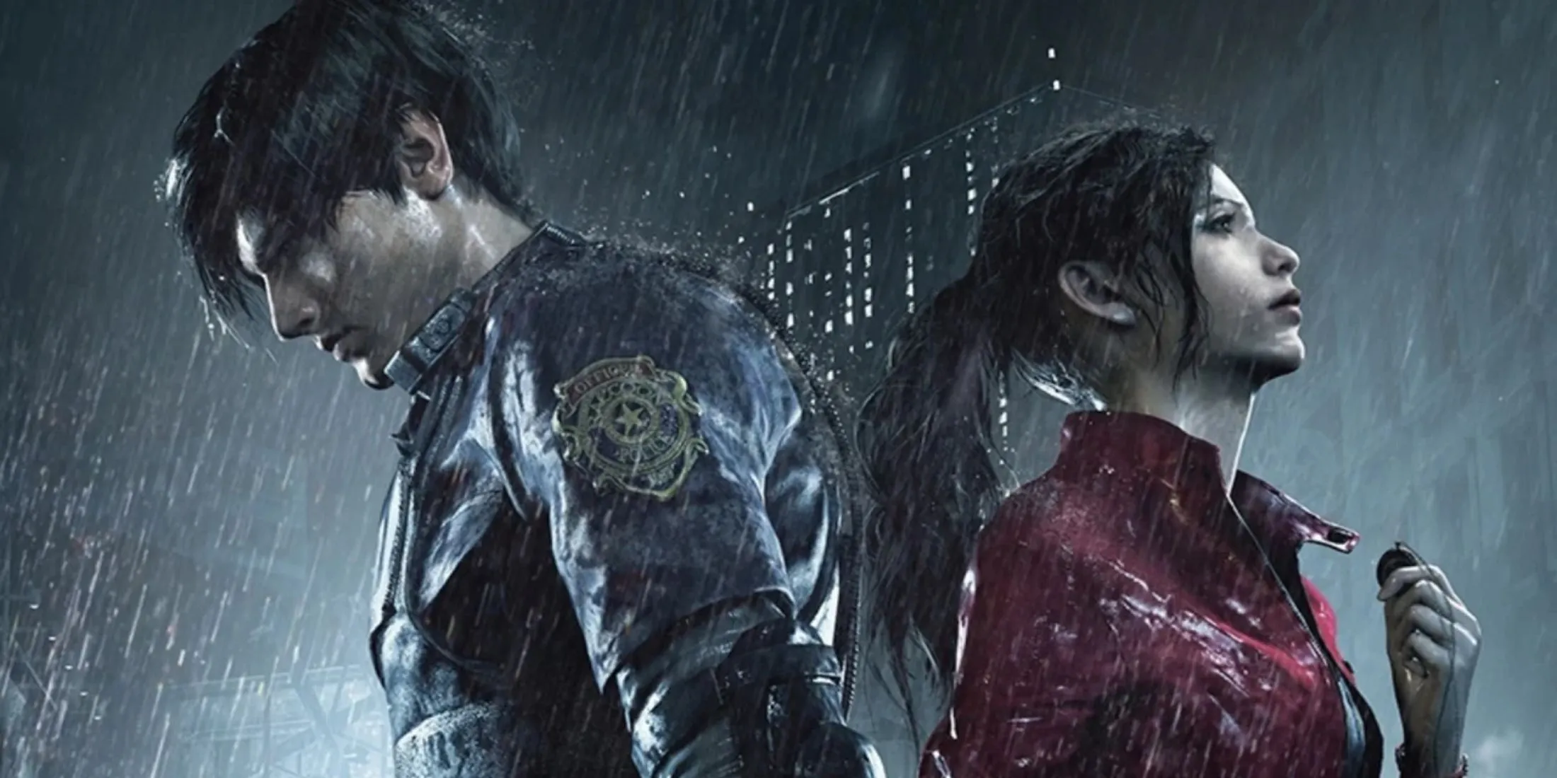 Leon Kennedy và Claire Redfield đứng tựa lưng trong mưa, biểu tượng của Resident Evil 2 Remake