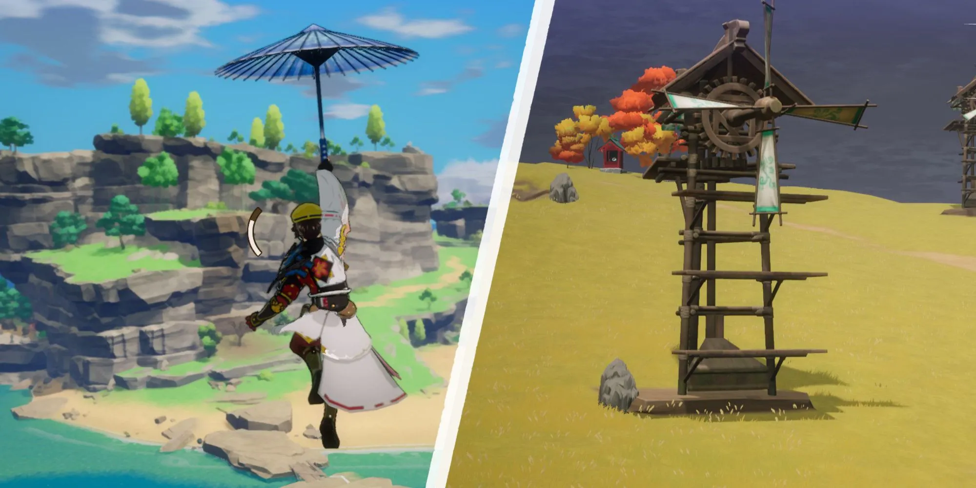 Lướt bằng dù và leo lên cối xay gió khi khám phá trong Rune Factory Guardians of Azuma
