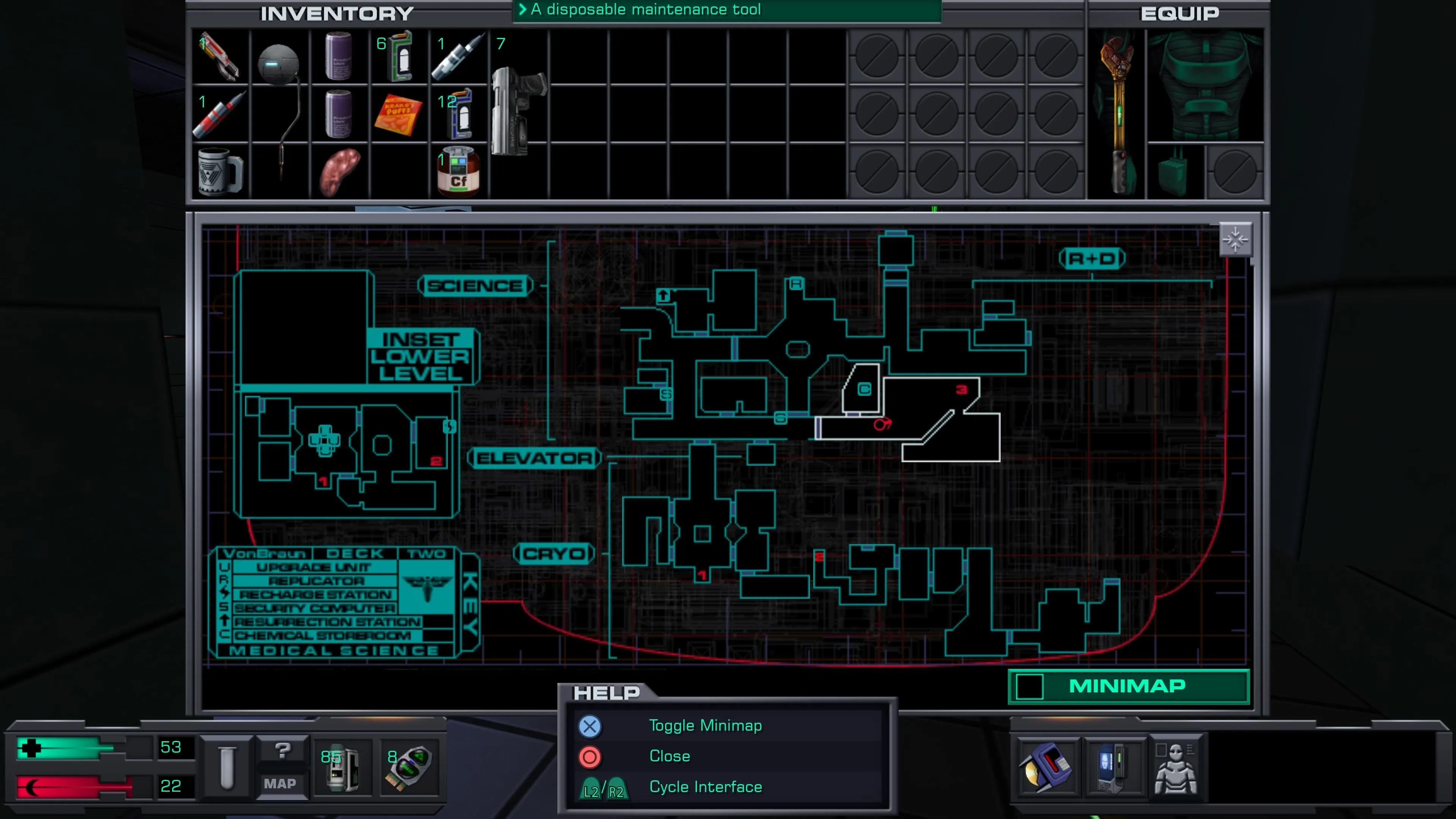 Màn hình quản lý menu và kỹ năng trong System Shock 2 Remaster