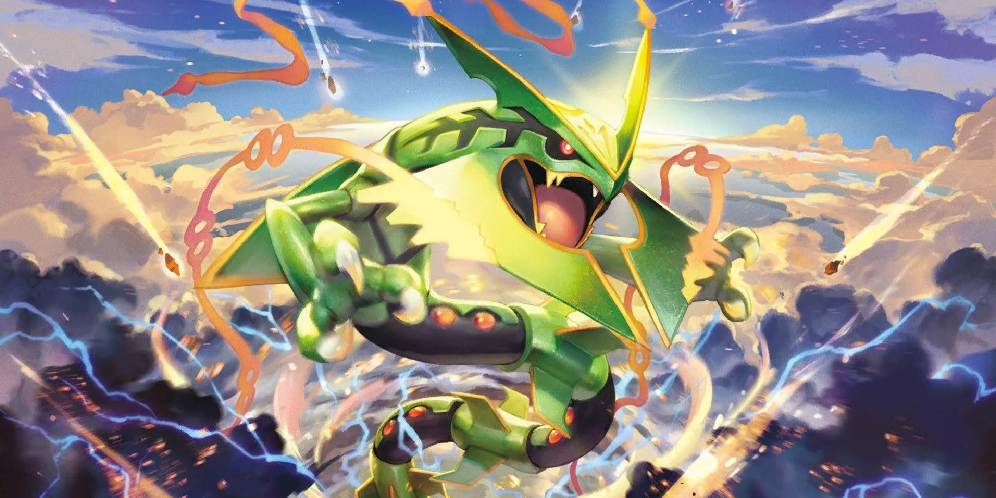 Mega Rayquaza sải cánh mạnh mẽ, bao quanh bởi năng lượng nguyên thủy, tượng trưng cho sức mạnh Mega Evolution trong Pokémon.