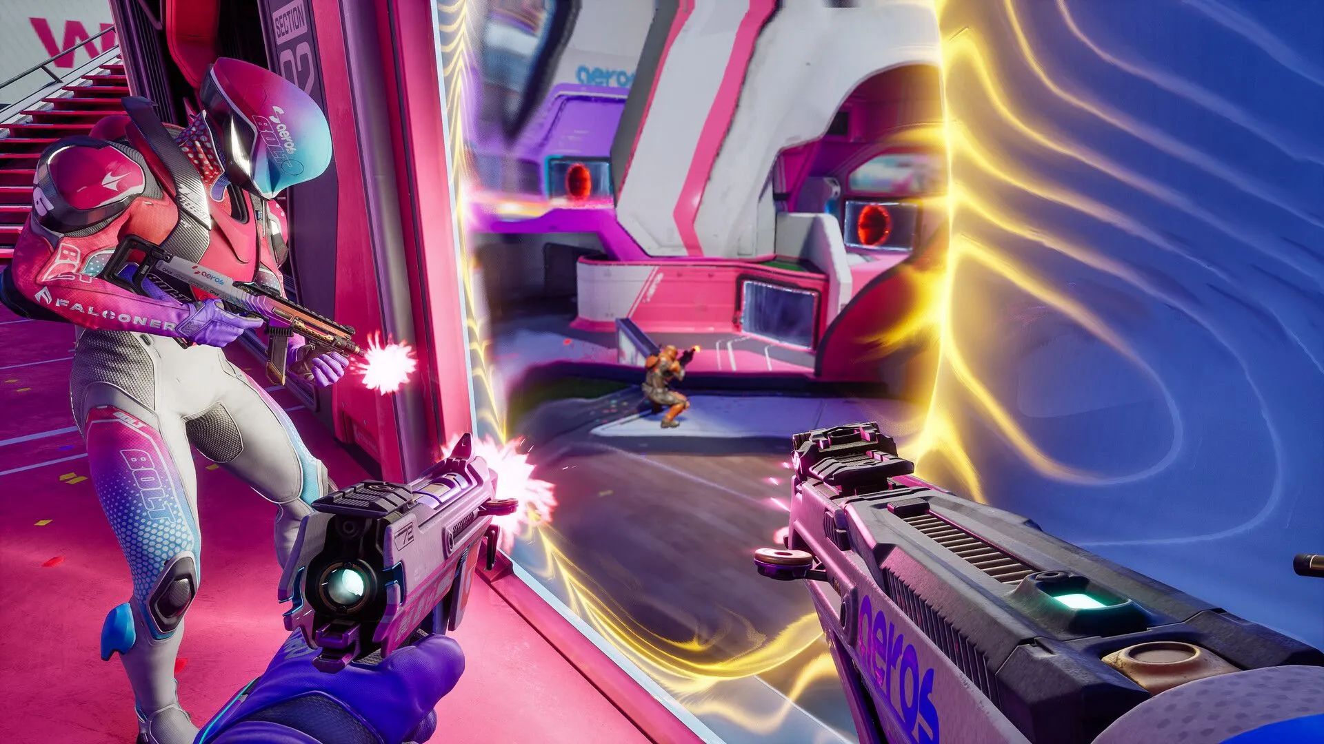 Mô tả giao diện hoặc cảnh hành động trong game Splitgate 2.