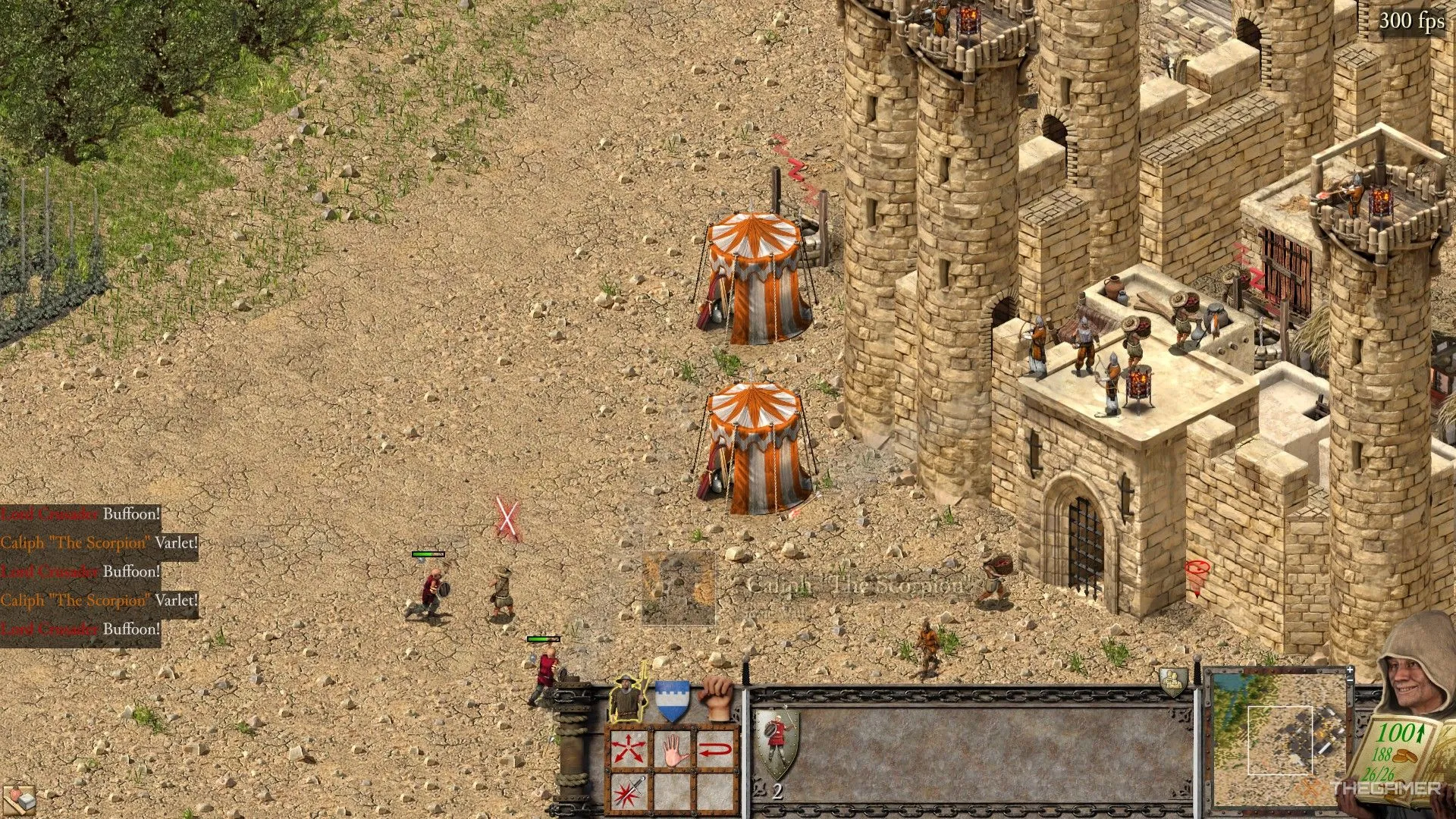 Một cặp lều công thành được dựng bên ngoài một lâu đài kiên cố trong Stronghold Crusader: Definitive Edition