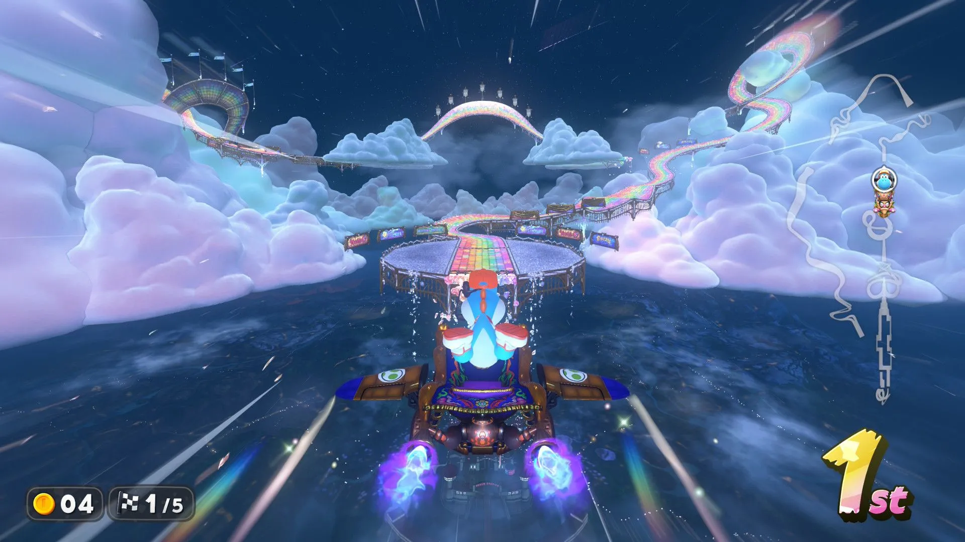 Một đoạn đường đua sặc sỡ trong Mario Kart World, có thể là Rainbow Road