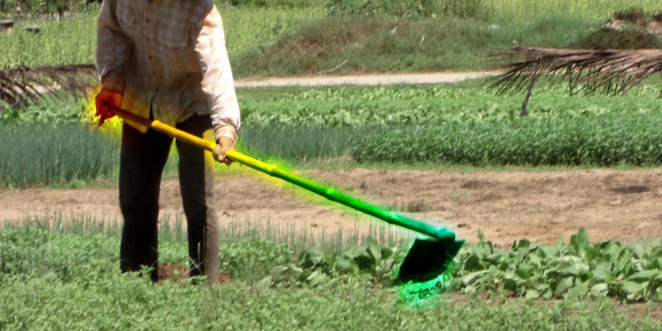 Người nông dân sử dụng chiếc cuốc phát sáng nhiều màu sắc, tượng trưng cho ý tưởng công cụ làm vườn &quot;gamer&quot; với hiệu ứng LED và các cấp độ nâng cấp như trong game.