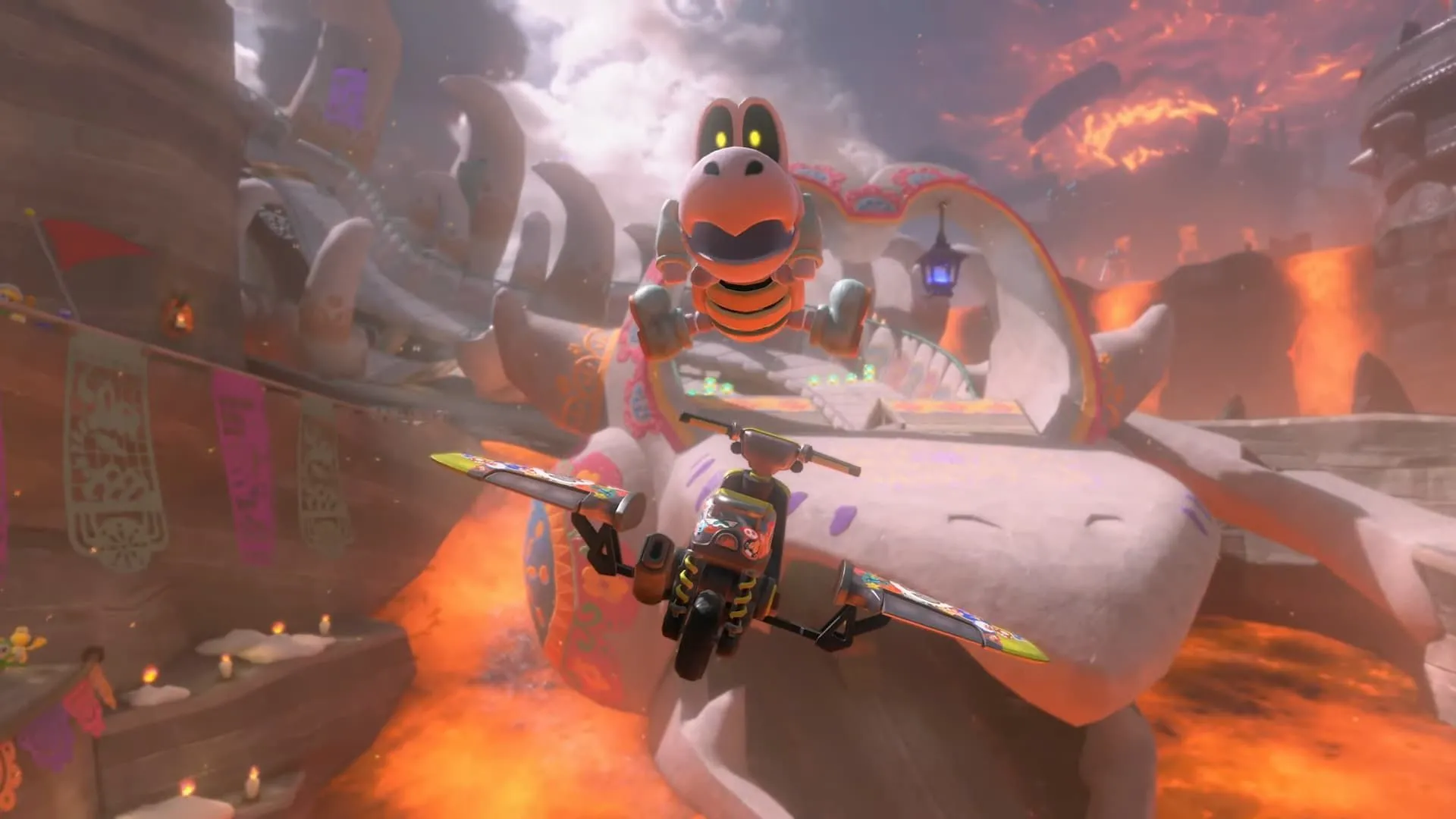 Nhân vật Dry Bones bay lượn trong trailer Mario Kart World Direct, tượng trưng cho giá game Nintendo Switch 2 cao 80 USD