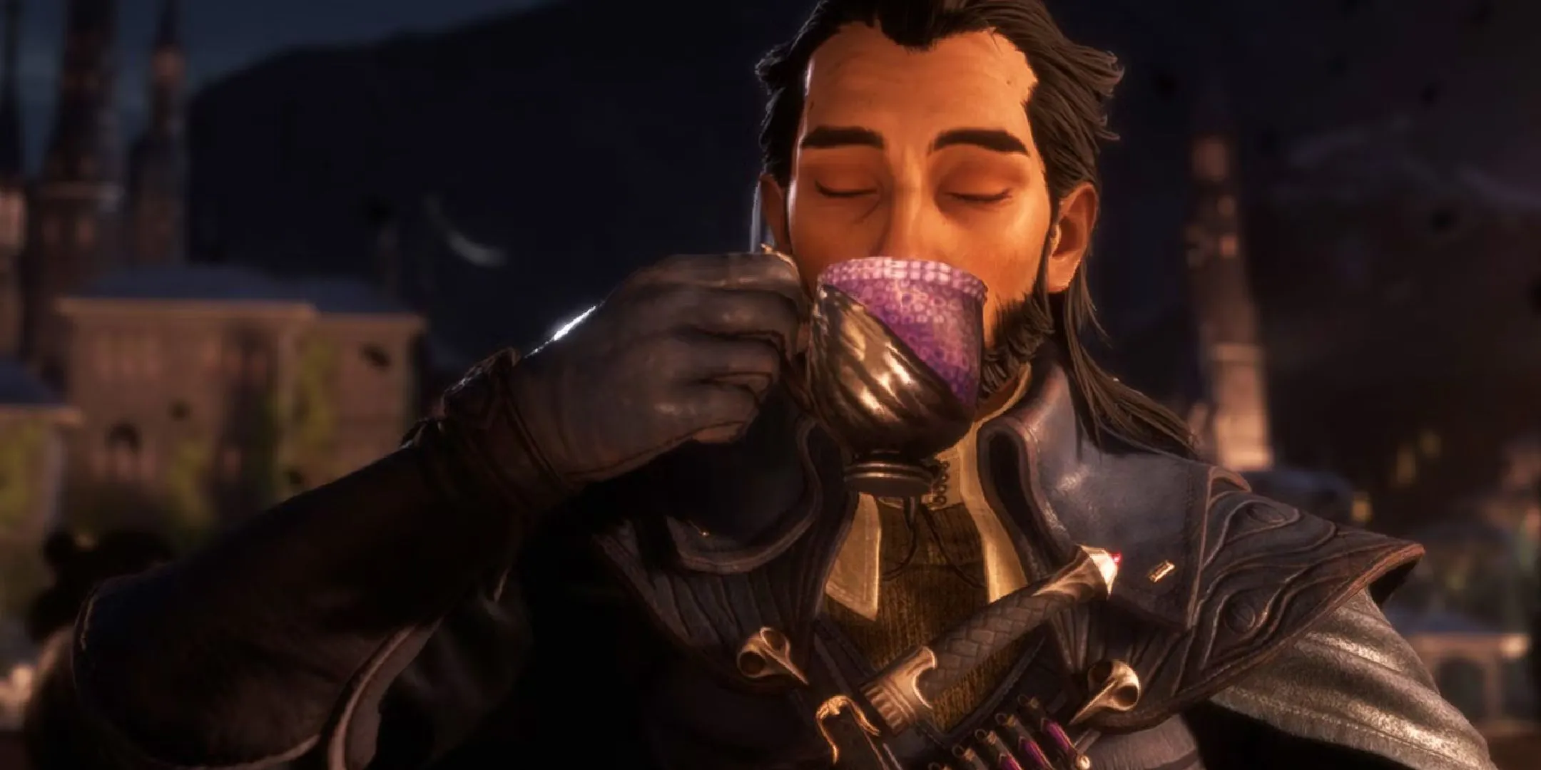 Nhân vật Lucanis trong game Dragon Age: The Veilguard đang thưởng thức cà phê, gợi ý về máy pha Espresso phong cách game thủ, phục vụ nhu cầu caffeine của cộng đồng gaming.