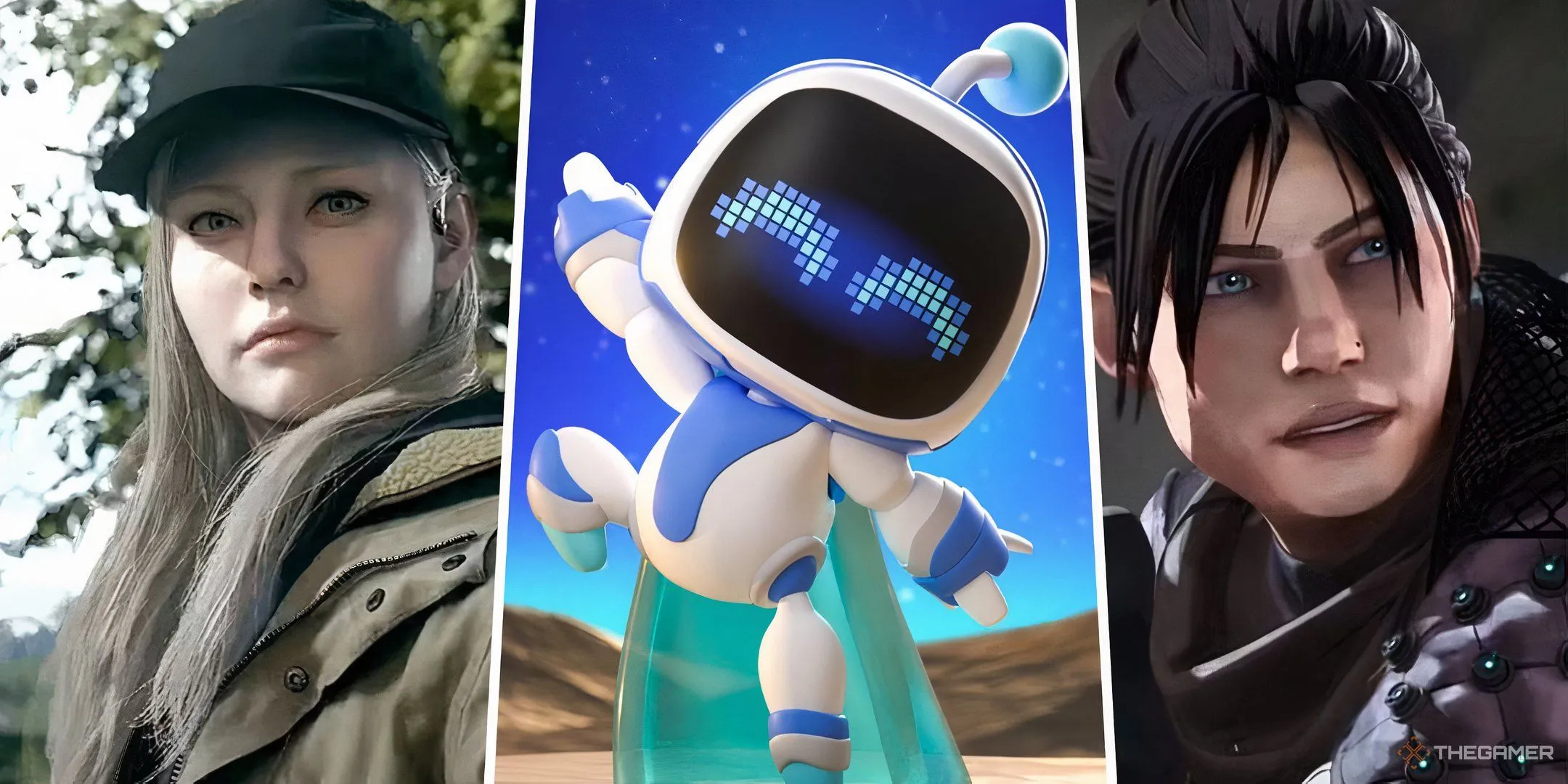 Nhân vật từ Resident Evil, Astro Bot và Apex Legends trong một hình ảnh chia đôi