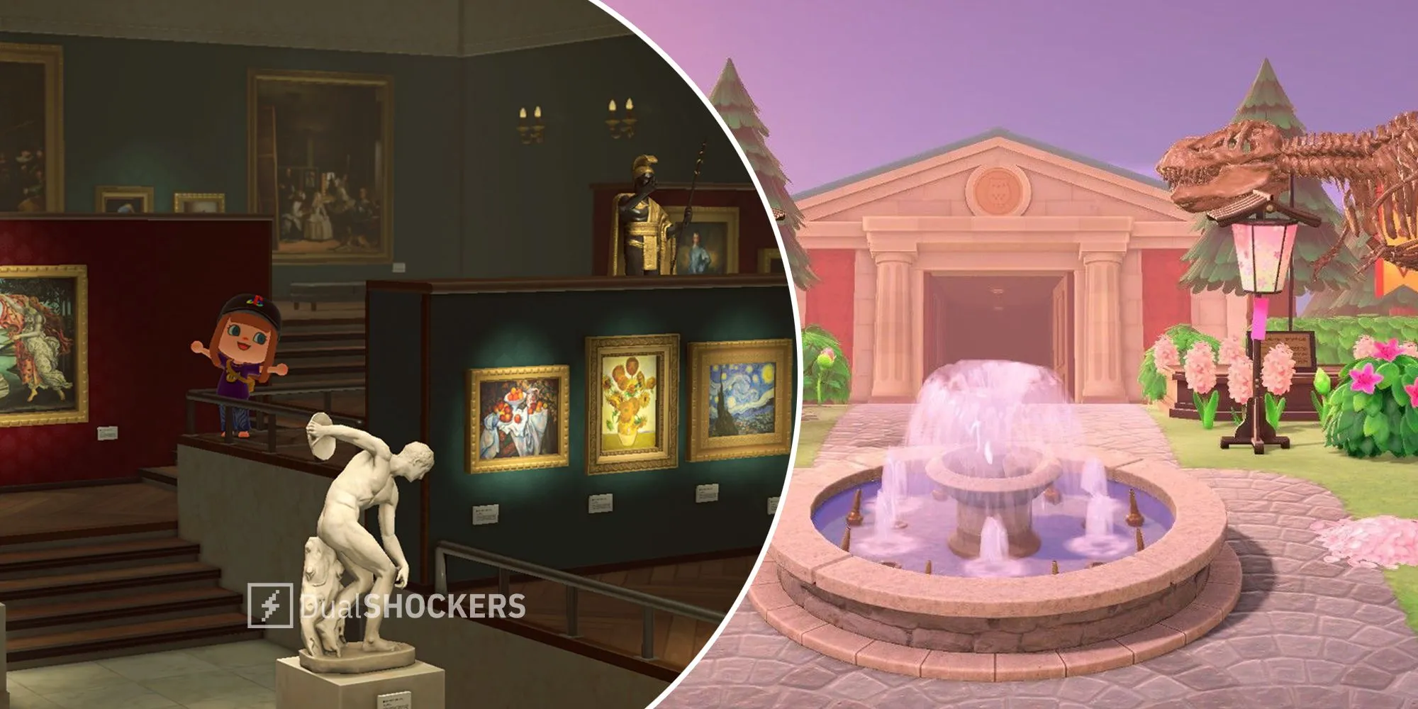 Phòng trưng bày nghệ thuật trong bảo tàng Animal Crossing: New Horizons với các bức tranh và tượng điêu khắc tinh xảo