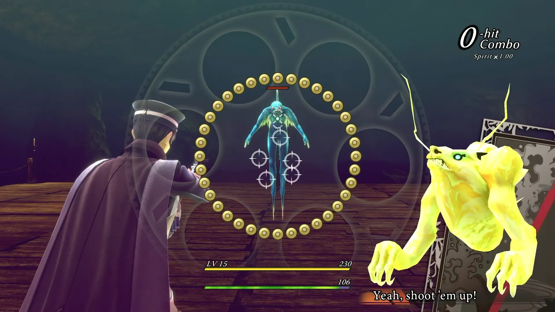 Raidou sử dụng súng để làm chậm quỷ bay trong các trận chiến của RAIDOU Remastered
