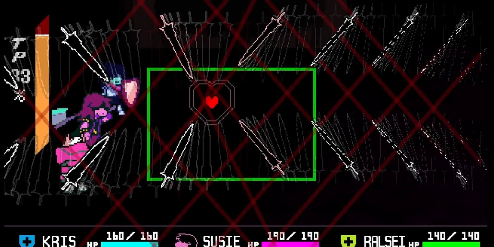 Roaring Knight tung kỹ năng Sword Tunnel trong Deltarune Chapter 3, trước khi bản vá giảm độ khó hiệu ứng AoE