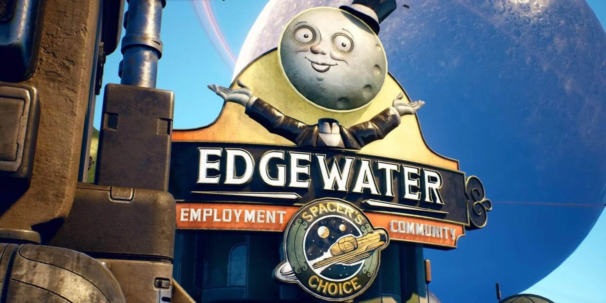 Thành phố Edgewater trong The Outer Worlds, một khu định cư điển hình của vũ trụ Halcyon, nơi các tập đoàn thống trị